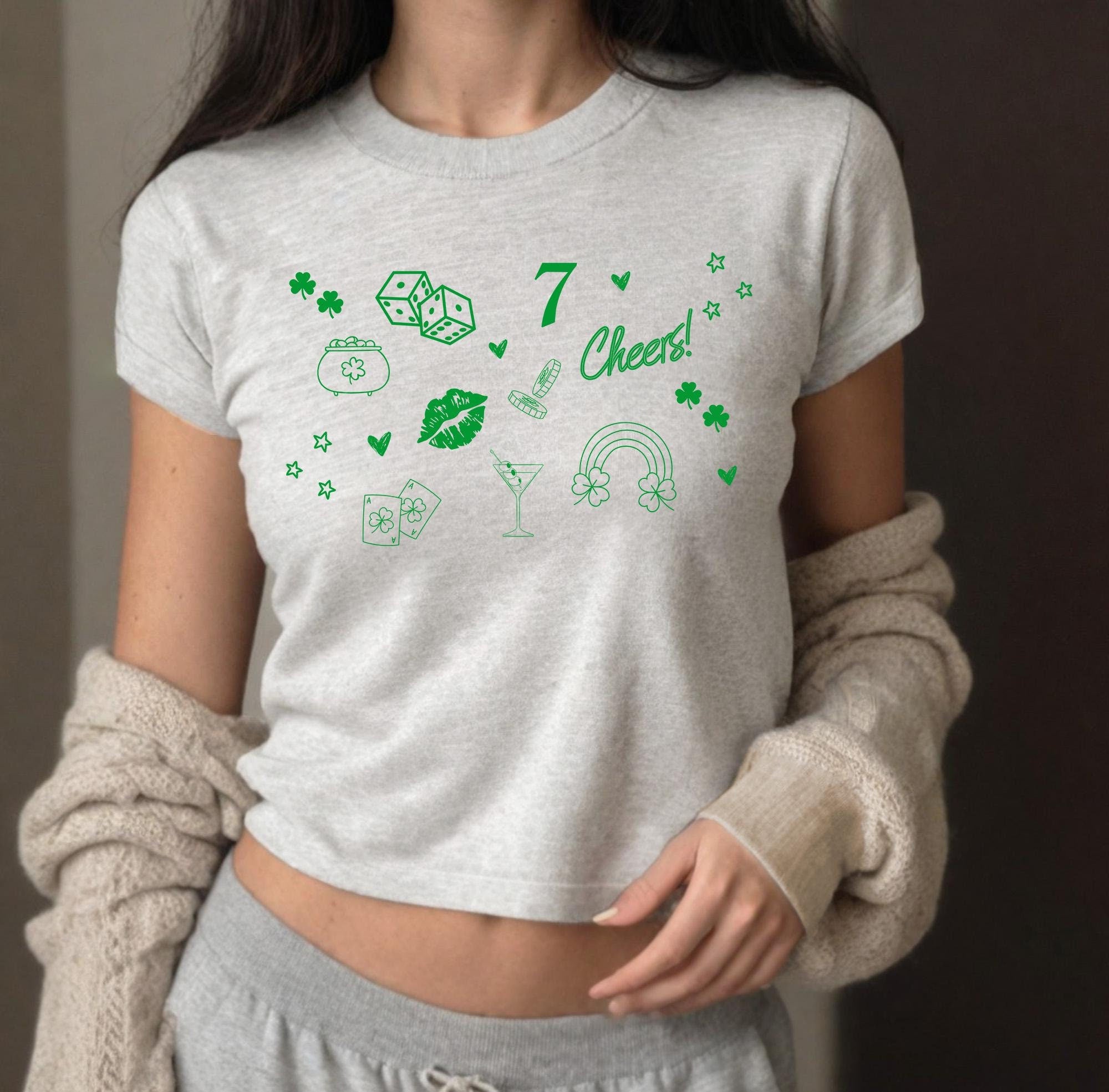 St. Patricks Day Lucky Collage Baby Tee, Four Leaf Clover Baby Tee, St Paddys Tee, St Pattys Day Tee, y2k baby tee, Pot of Gold, Rainbow