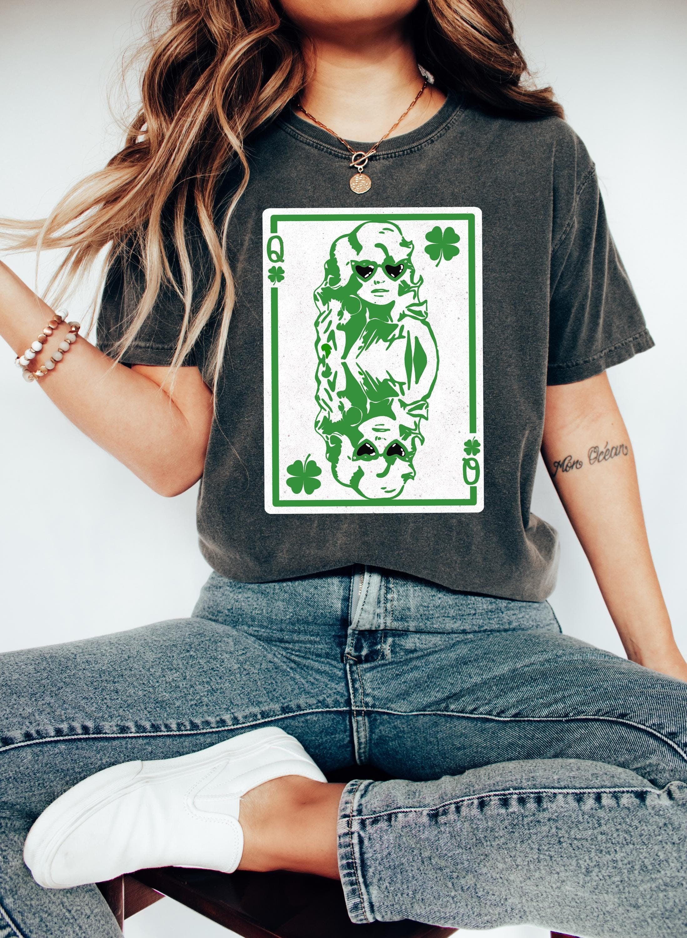 Queen Dolly St Patty's Day Comfort Colors Shirt, Queen of Clover Clover Card St Patricks Day TShirt, St Paddy's Four Leaf Clover Green Tee