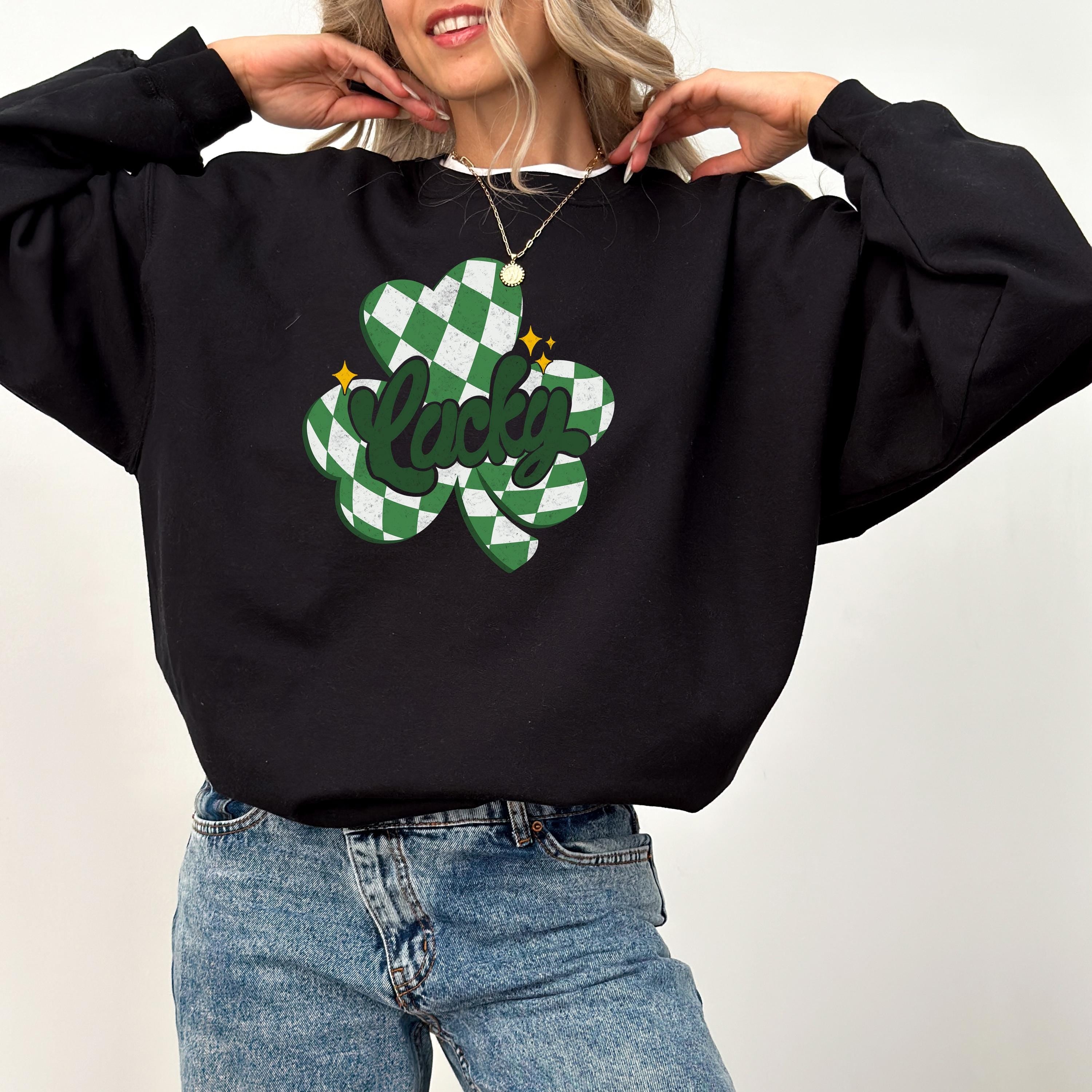 Checkered Lucky Clover St Patty's Sweatshirt, St Paddy's Day Sweater, St Patricks Day Crewneck, Lucky Pullover, Unisex Sweatshirt, Shamrock
