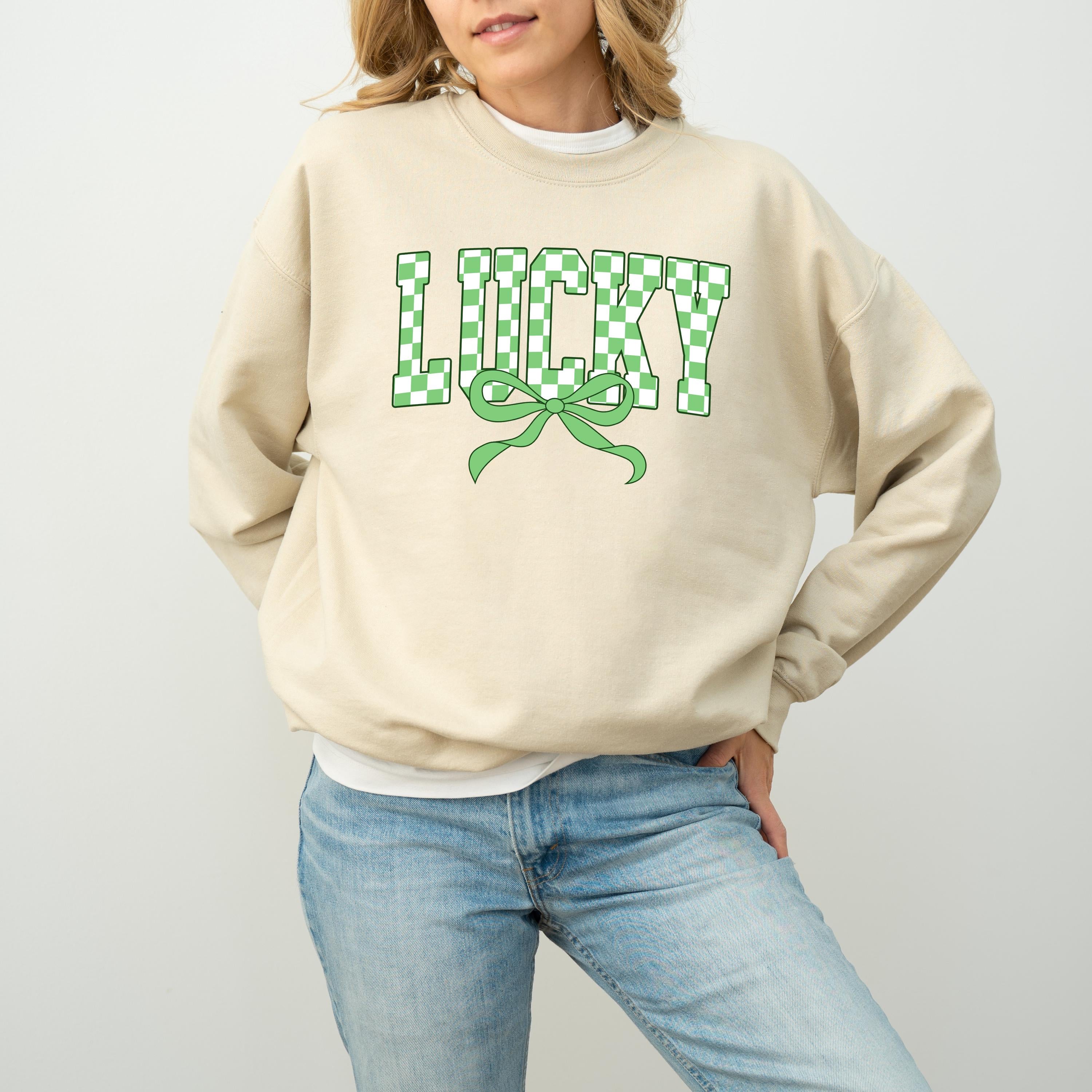 Checkered Lucky Green Bow St Patty's Sweatshirt, St Paddy's Day, St Patricks Day Crewneck, Lucky Pullover, Unisex Sweatshirt, Shamrock