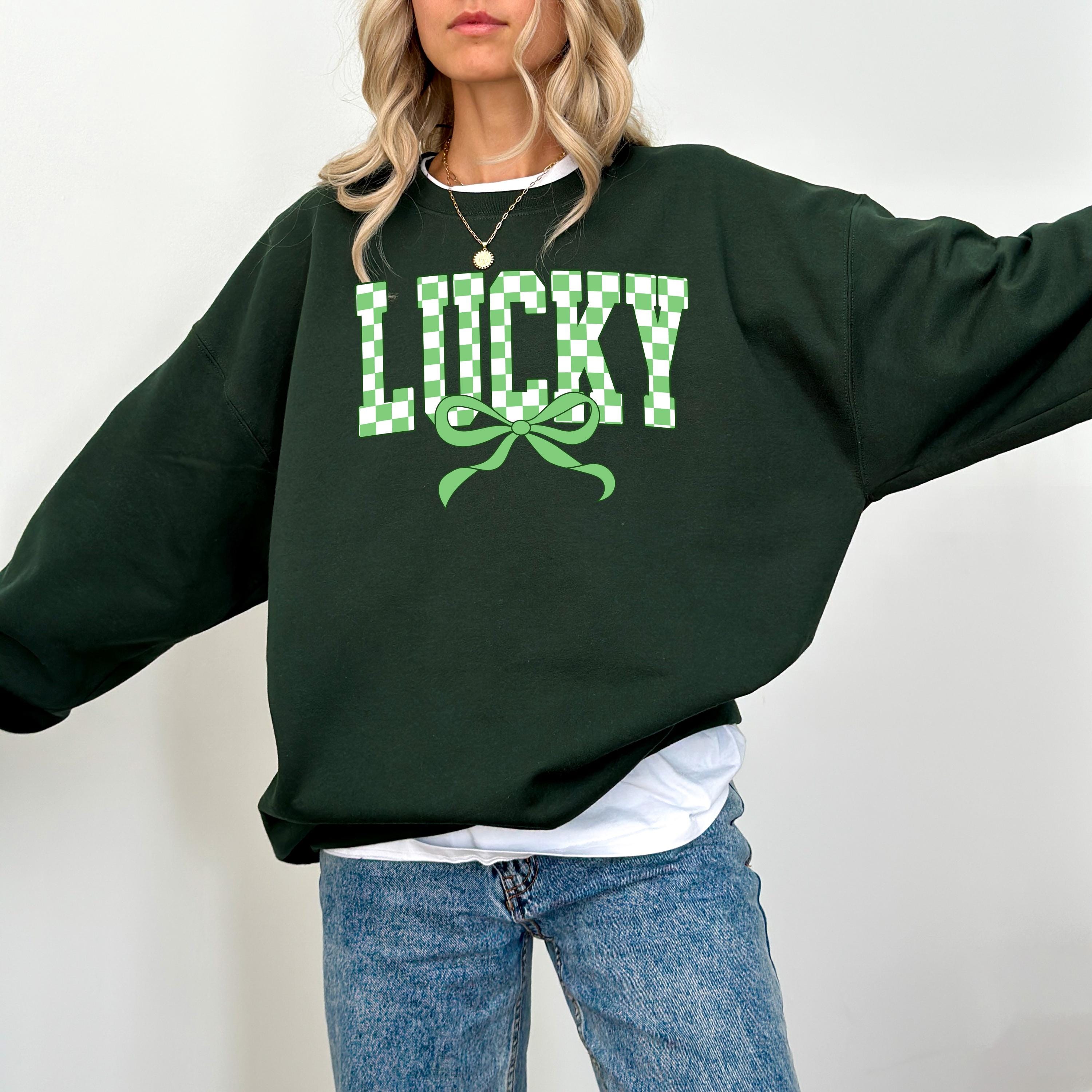 Checkered Lucky Green Bow St Patty's Sweatshirt, St Paddy's Day, St Patricks Day Crewneck, Lucky Pullover, Unisex Sweatshirt, Shamrock