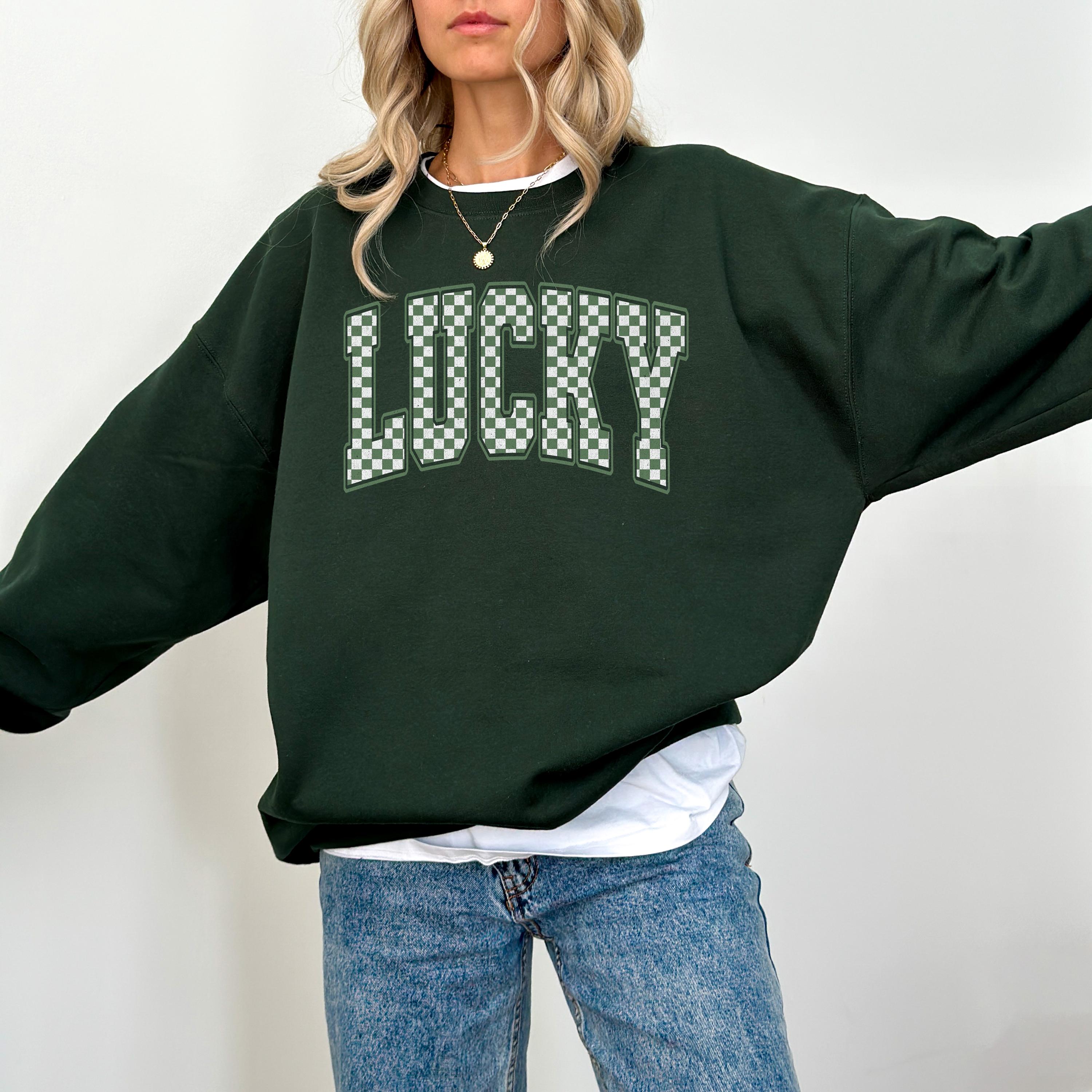 Checkered Lucky St Patty's Sweatshirt, St Paddy's Day, St Patricks Day Crewneck, Lucky Pullover, Unisex Sweatshirt, Shamrock Design