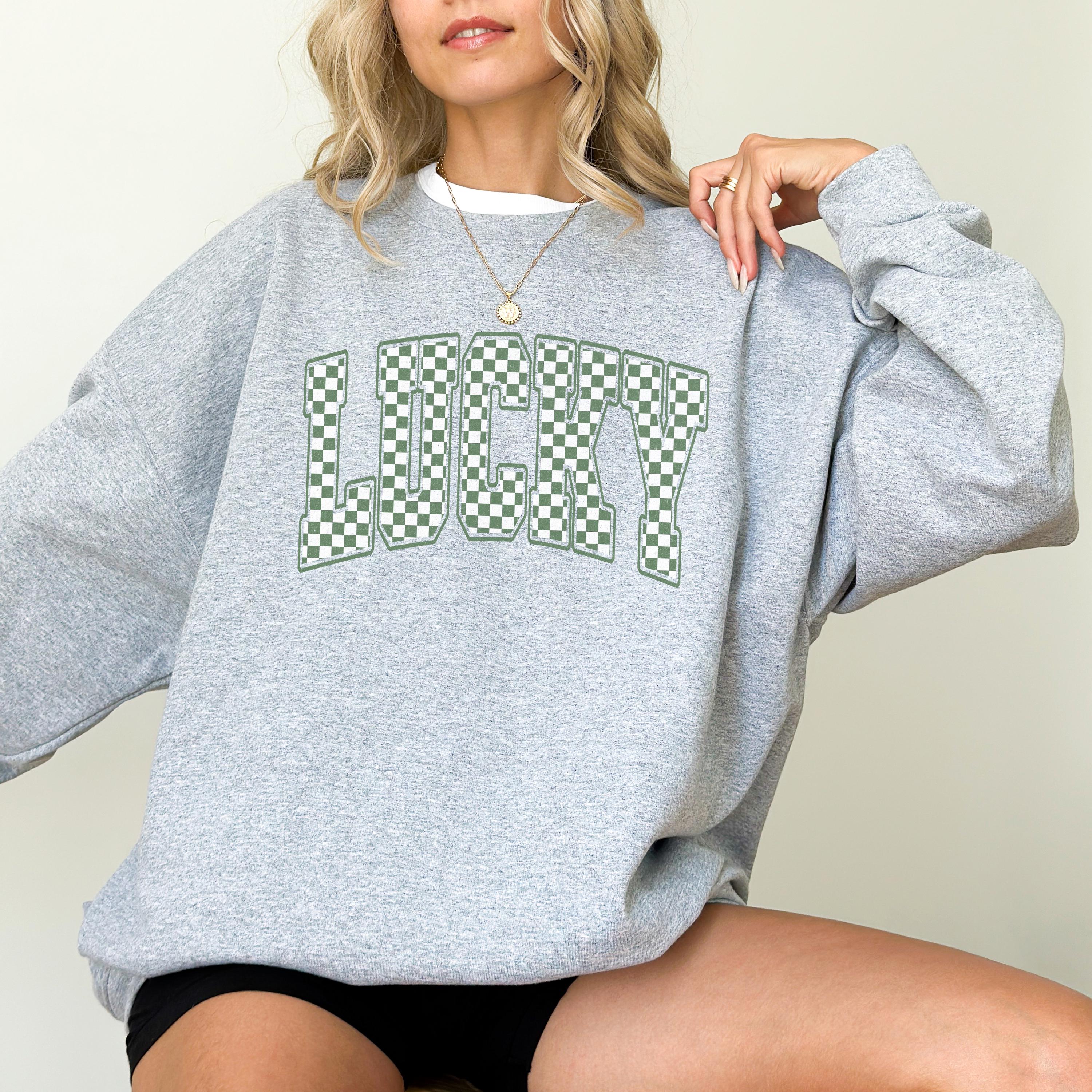 Checkered Lucky St Patty's Sweatshirt, St Paddy's Day, St Patricks Day Crewneck, Lucky Pullover, Unisex Sweatshirt, Shamrock Design