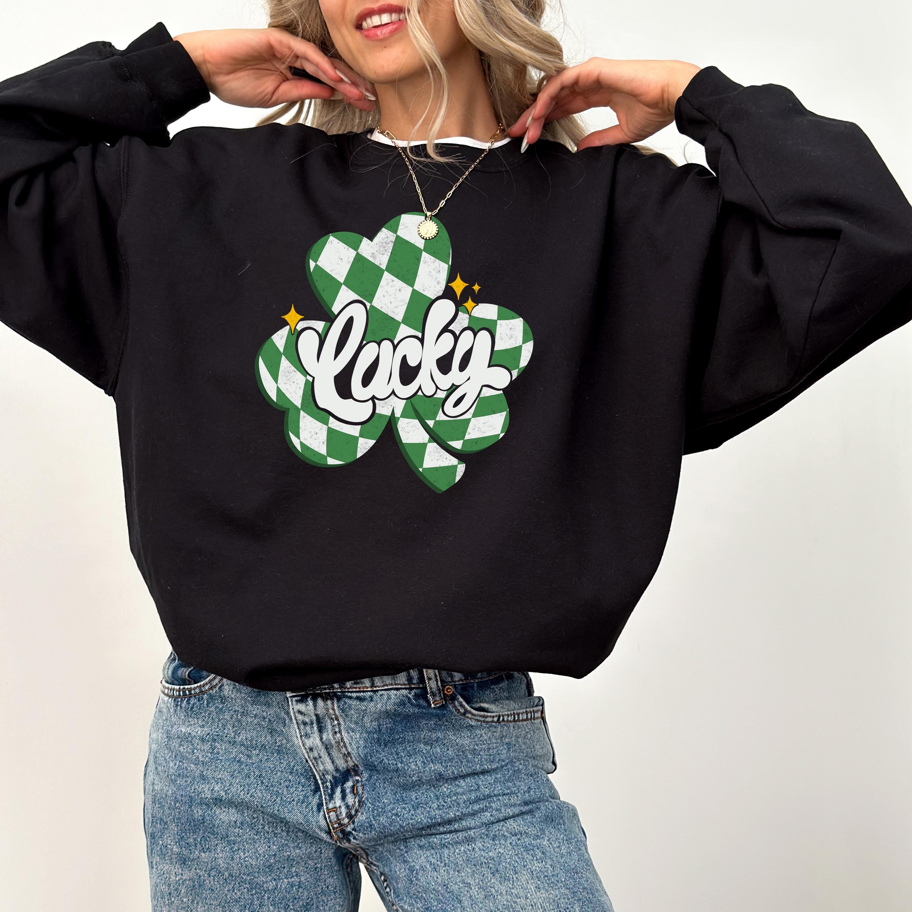 Checkered Lucky Clover St Patty's Sweatshirt, St Paddy's Day Sweater, St Patricks Day Crewneck, Lucky Pullover, Unisex Sweatshirt, Shamrock