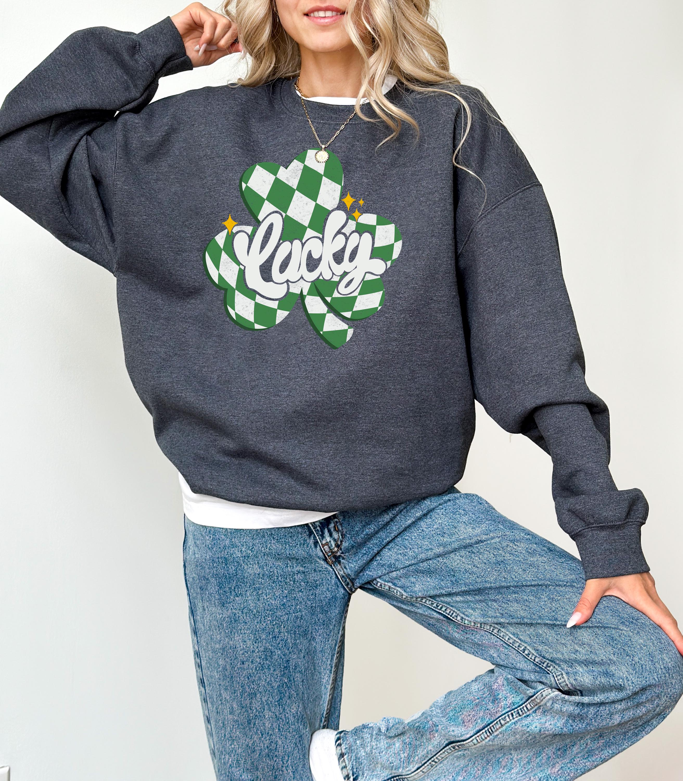 Checkered Lucky Clover St Patty's Sweatshirt, St Paddy's Day Sweater, St Patricks Day Crewneck, Lucky Pullover, Unisex Sweatshirt, Shamrock