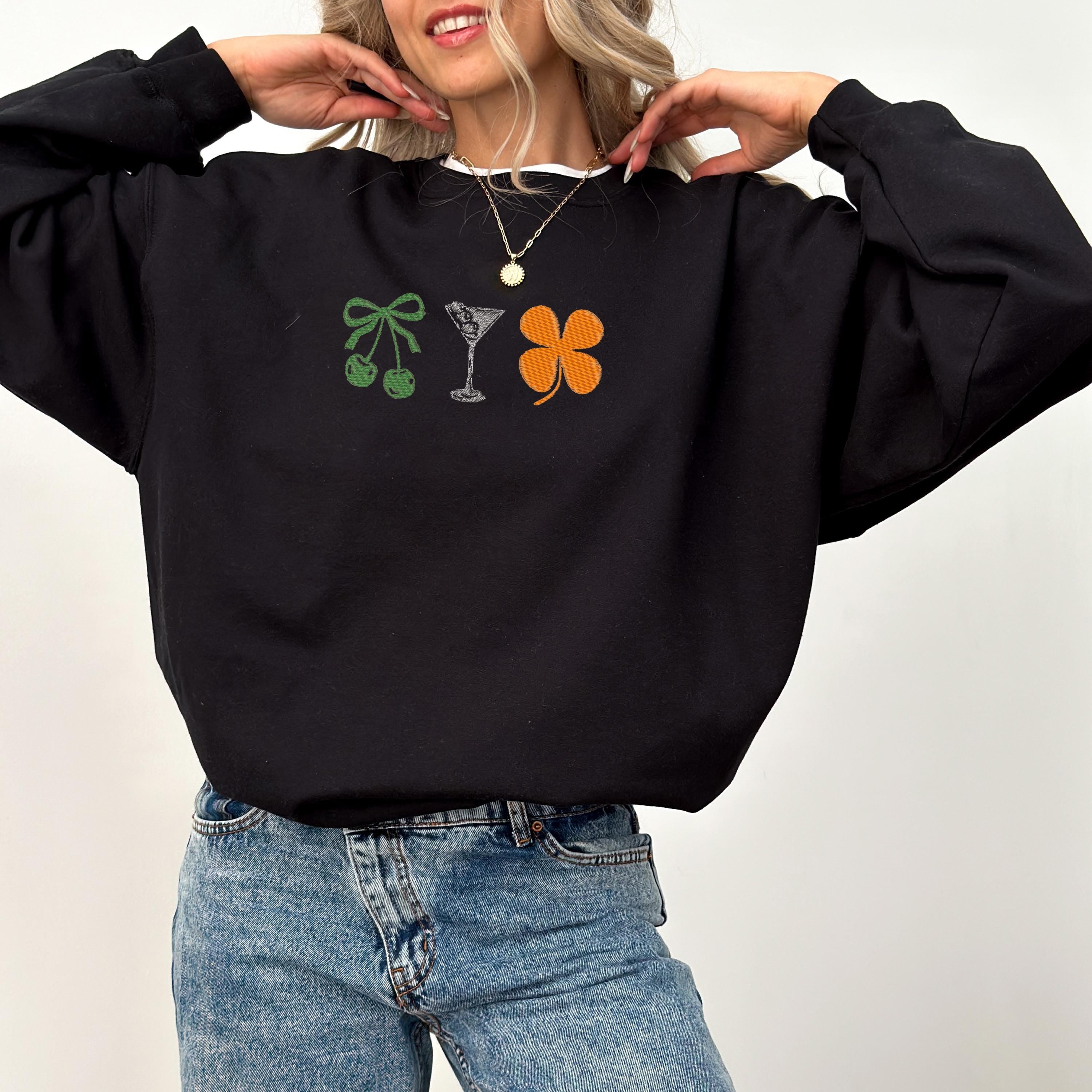 Embroidery Martini Shamrock Cherrys St Patty's Sweatshirt, St Paddy's Day Sweater, St Patricks Day Crewneck, Unisex Sweatshirt, Embroidery