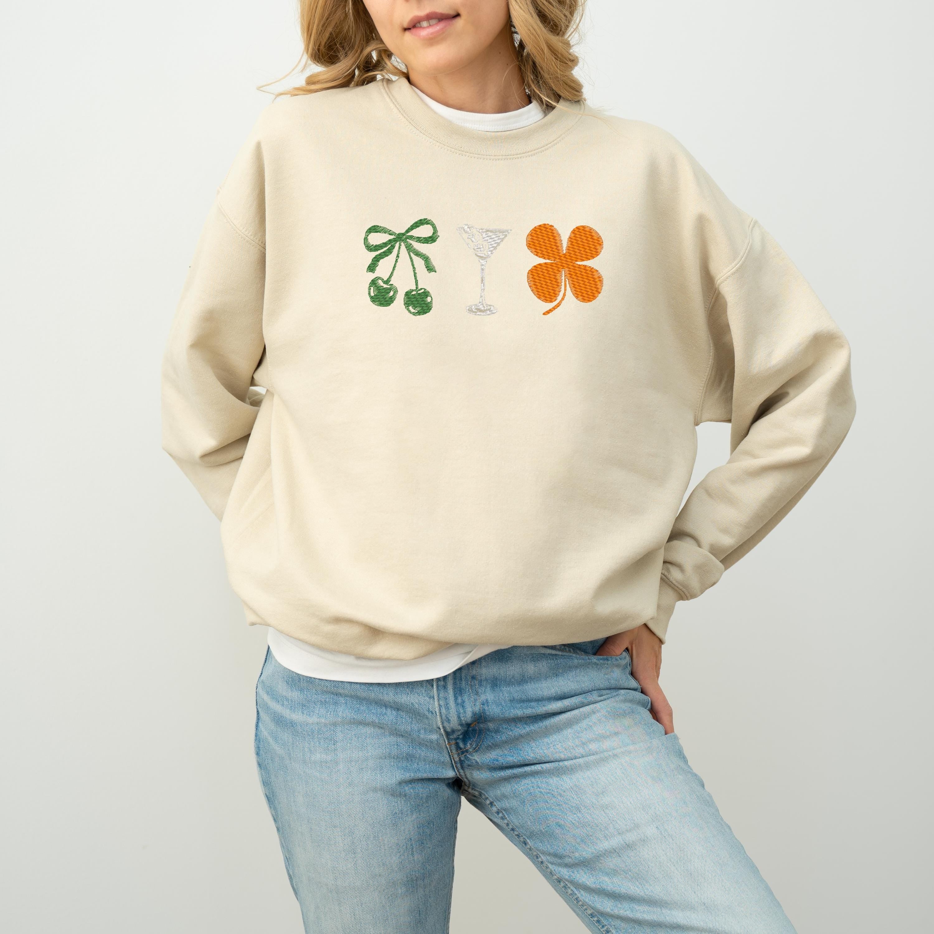 Embroidery Martini Shamrock Cherrys St Patty's Sweatshirt, St Paddy's Day Sweater, St Patricks Day Crewneck, Unisex Sweatshirt, Embroidery
