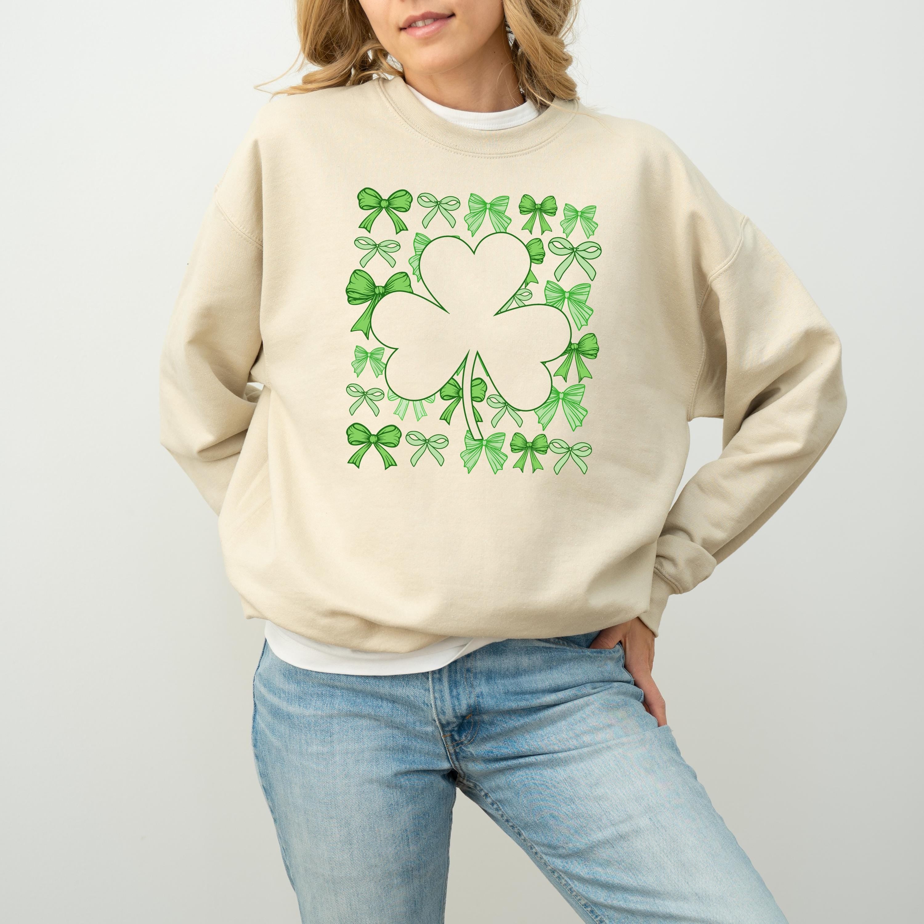Green Bows Clover Sweatshirt, Lucky Shamrock Sweater, St Patricks Day Crewneck, Clover Pullover, Unisex St Paddy's Sweatshirt, St Pattys T