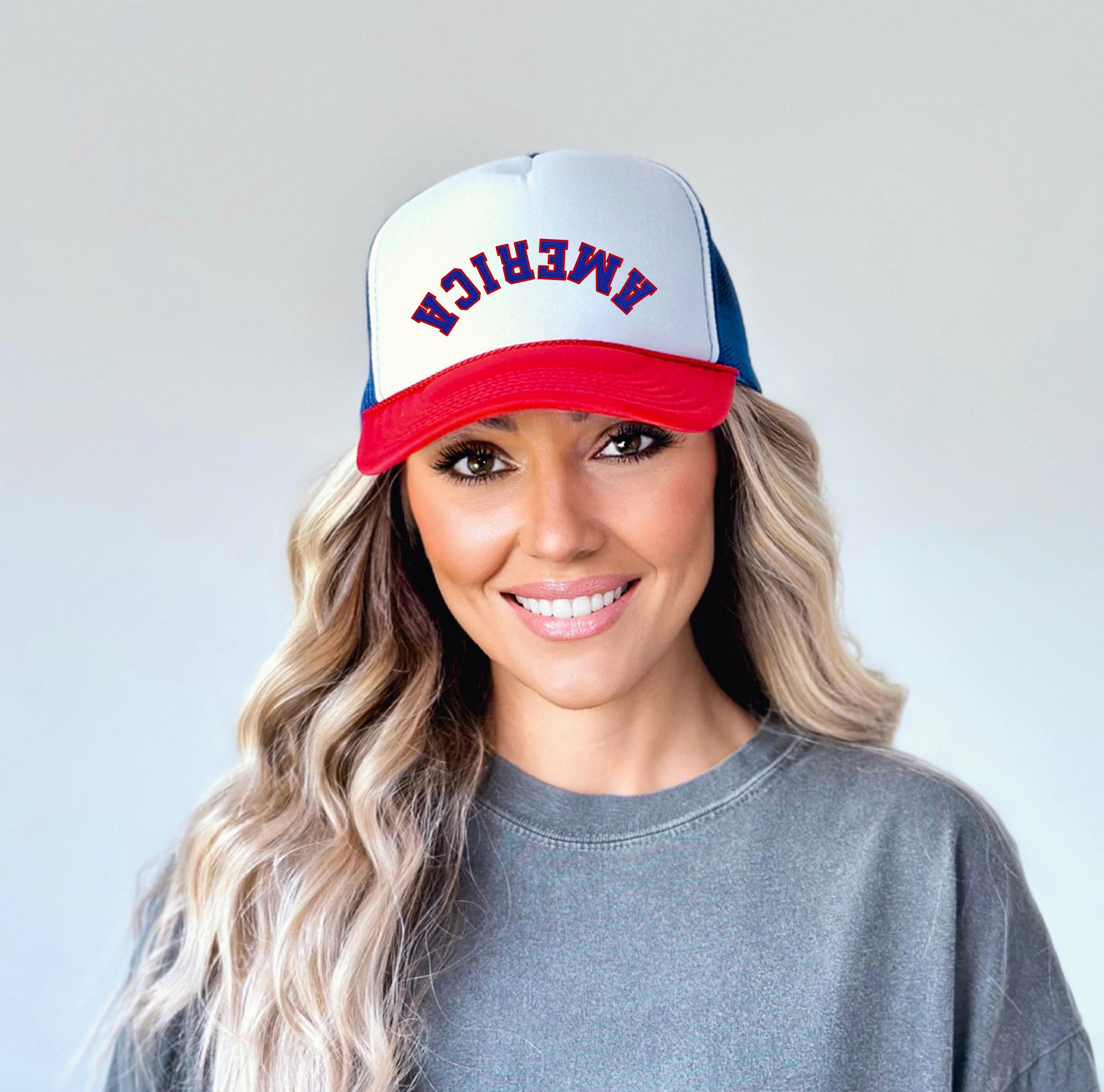 Embroidered Rope Hat Upside Down July 4th, America Foam, Fourth of July Hat, July 4th emroidery, Snapback Adjustable Hat, Mens and Womens