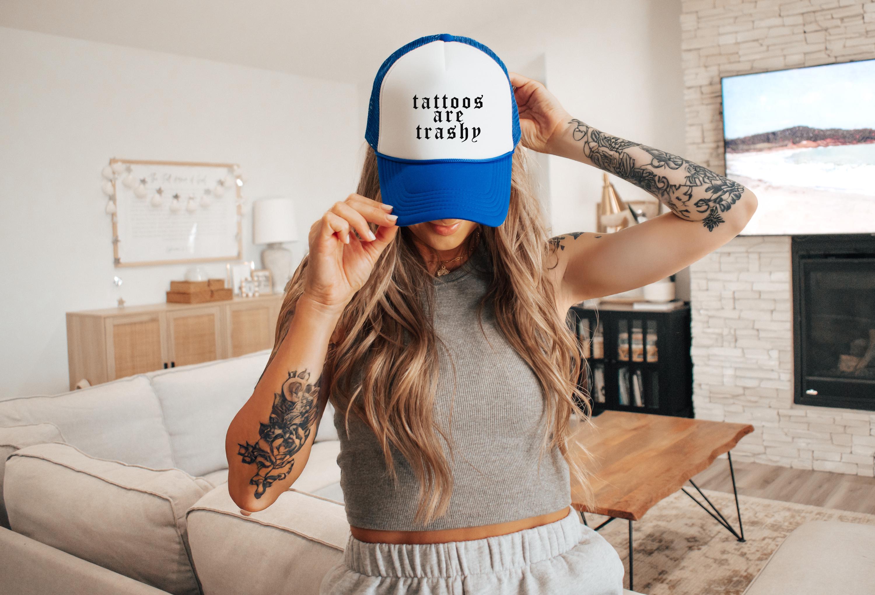 Embroidered Rope Hat Tattoos are trashy, old font, tattoo lover, tattoos are sexy,tatted emroidery, Snapback Adjustable Hat, Mens and Womens