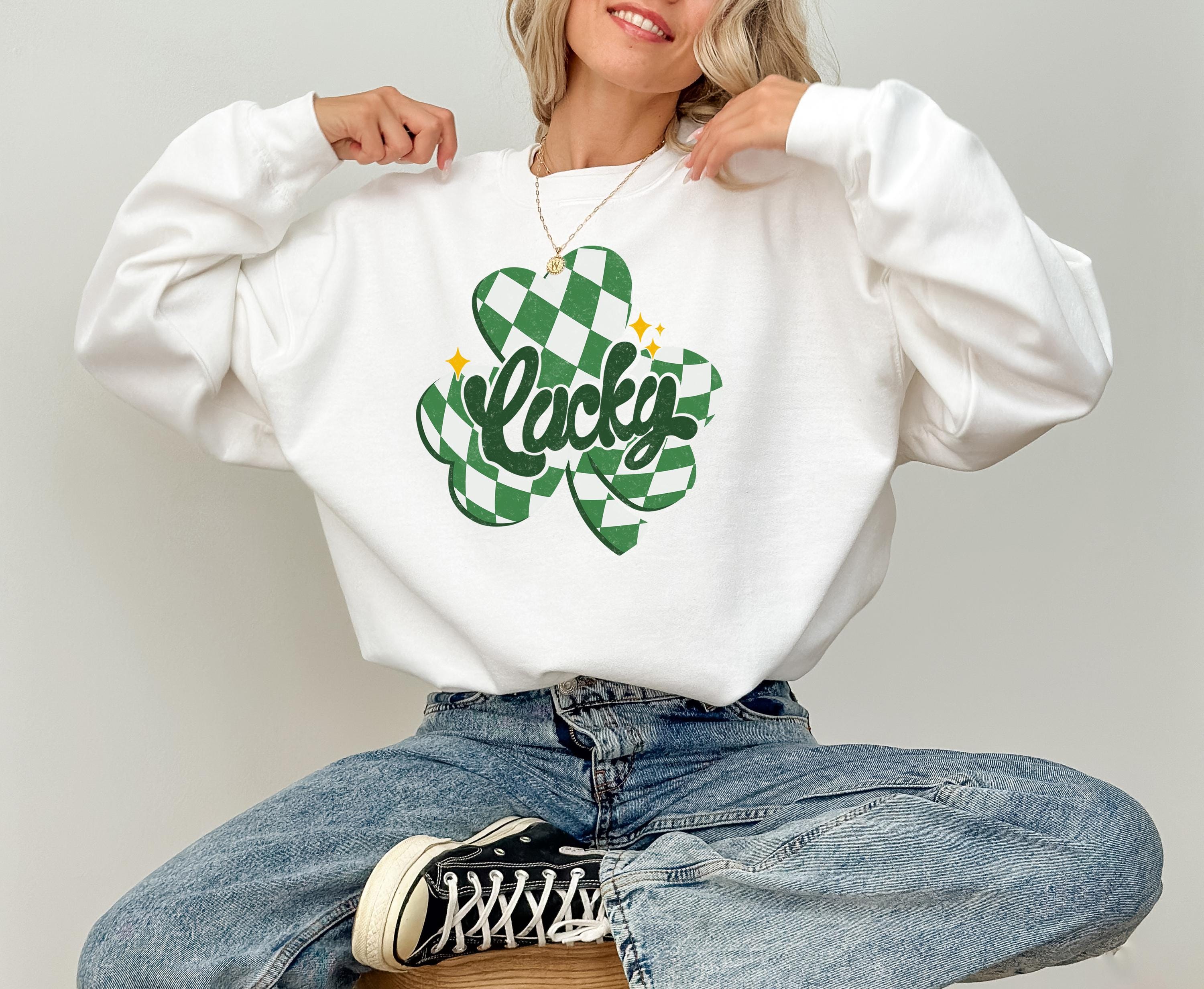 Checkered Lucky Clover St Patty's Sweatshirt, St Paddy's Day Sweater, St Patricks Day Crewneck, Lucky Pullover, Unisex Sweatshirt, Shamrock