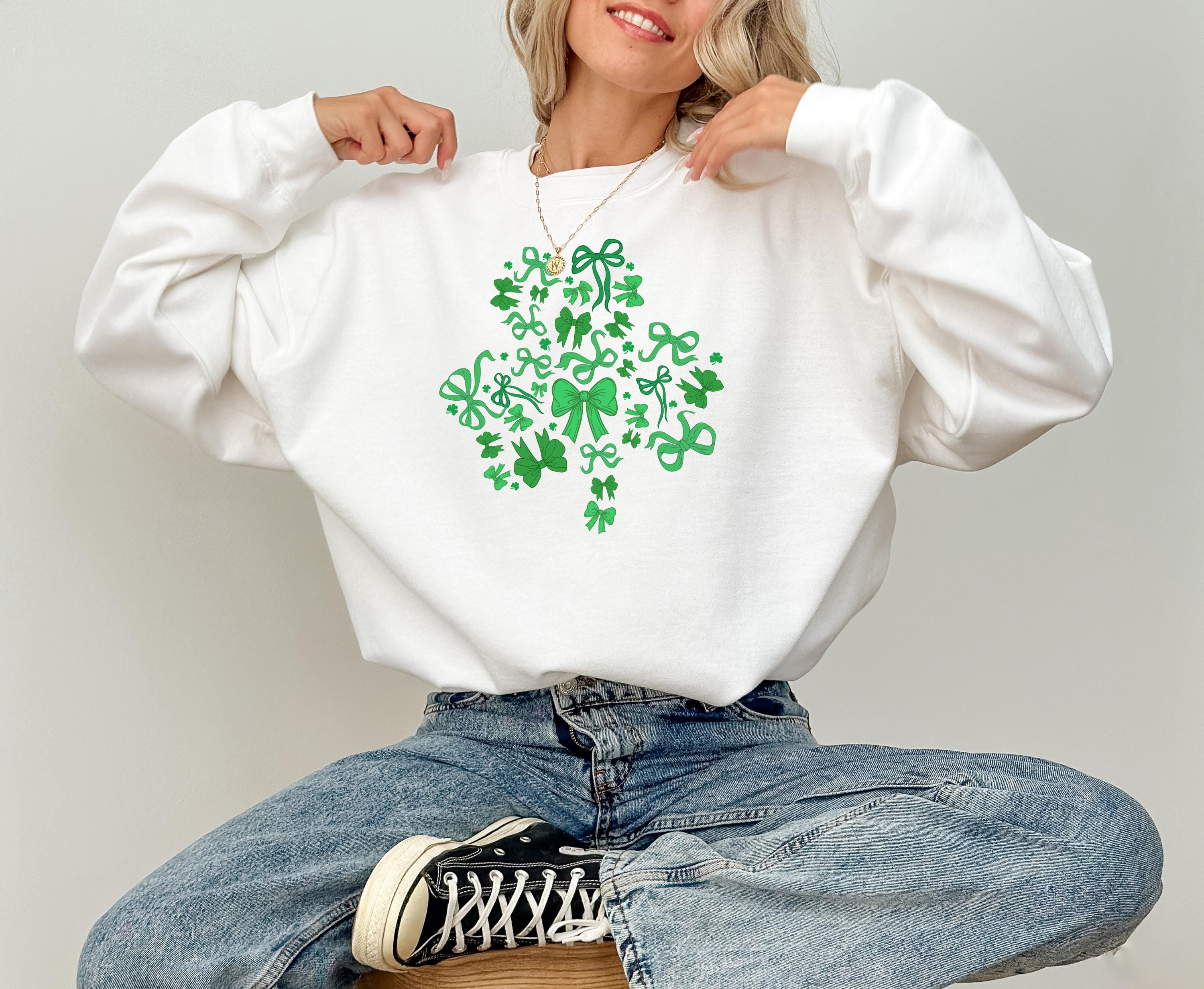 Lucky Clover Green Bows St Patty's Sweatshirt, St Paddy's Day Sweater, St Patricks Day Crewneck, Lucky Pullover, Unisex Sweatshirt, Shamrock