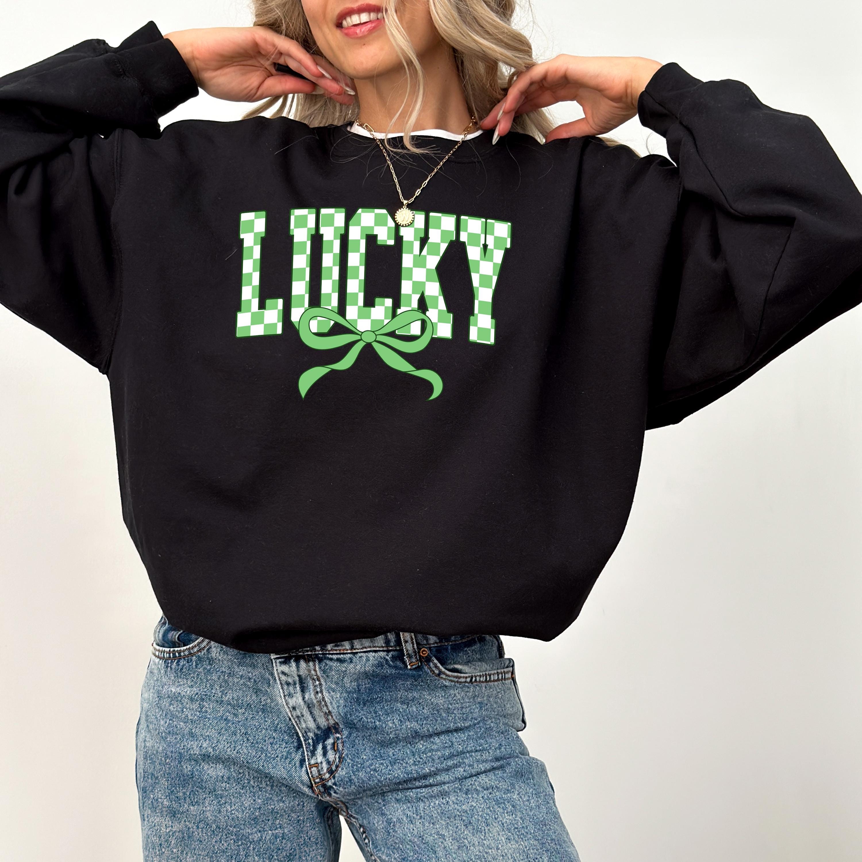 Checkered Lucky Green Bow St Patty's Sweatshirt, St Paddy's Day, St Patricks Day Crewneck, Lucky Pullover, Unisex Sweatshirt, Shamrock