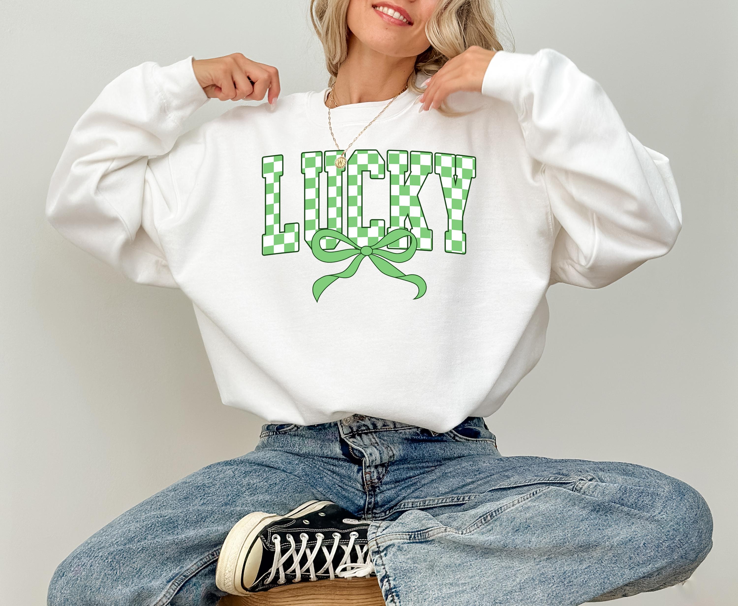 Checkered Lucky Green Bow St Patty's Sweatshirt, St Paddy's Day, St Patricks Day Crewneck, Lucky Pullover, Unisex Sweatshirt, Shamrock