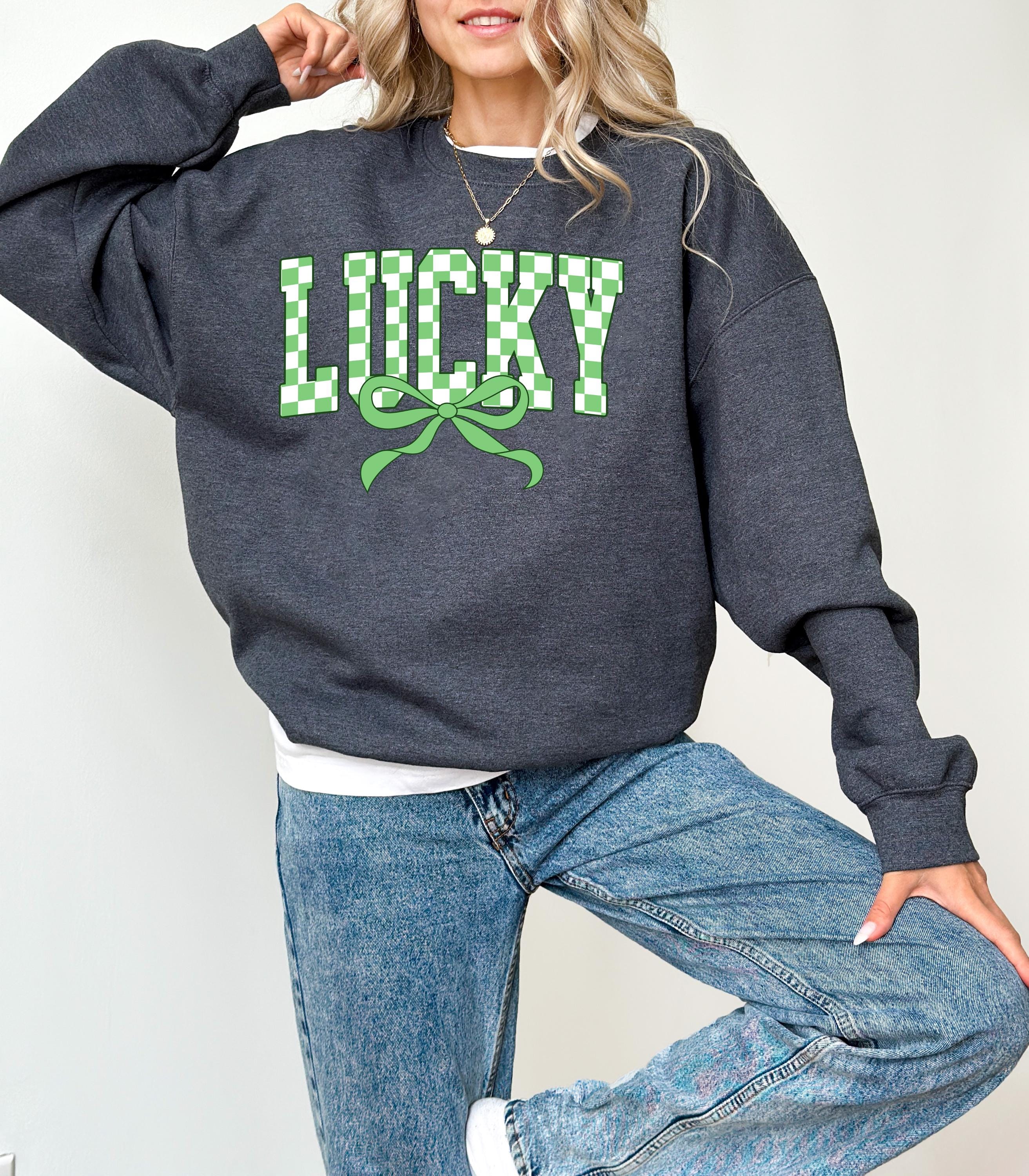 Checkered Lucky Green Bow St Patty's Sweatshirt, St Paddy's Day, St Patricks Day Crewneck, Lucky Pullover, Unisex Sweatshirt, Shamrock