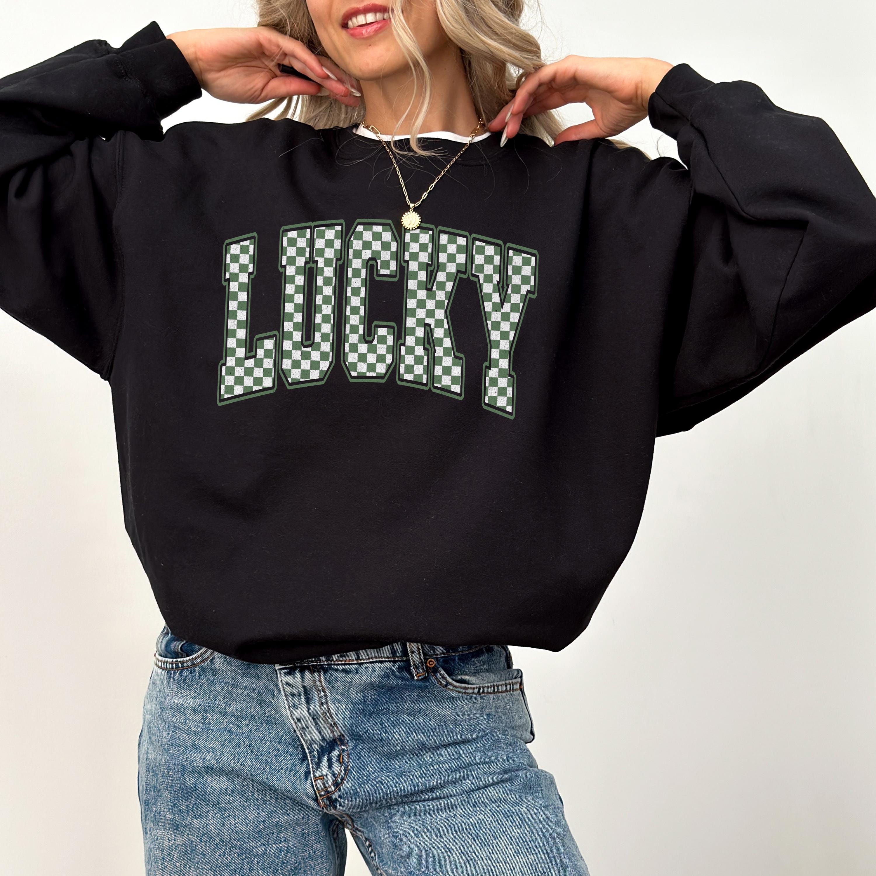 Checkered Lucky St Patty's Sweatshirt, St Paddy's Day, St Patricks Day Crewneck, Lucky Pullover, Unisex Sweatshirt, Shamrock Design