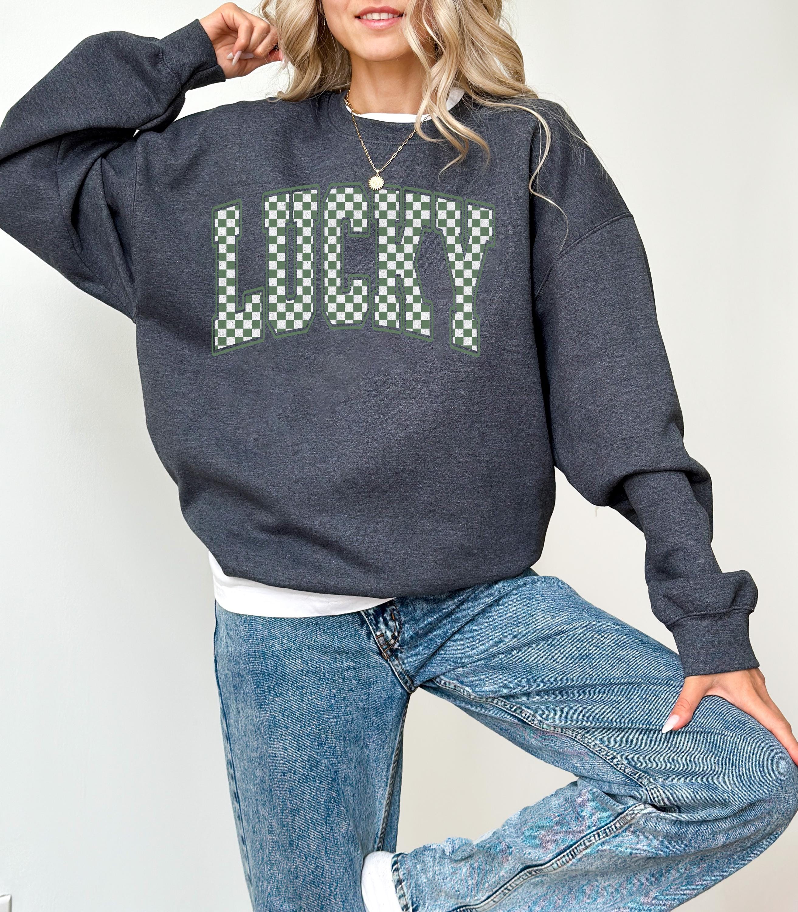 Checkered Lucky St Patty's Sweatshirt, St Paddy's Day, St Patricks Day Crewneck, Lucky Pullover, Unisex Sweatshirt, Shamrock Design