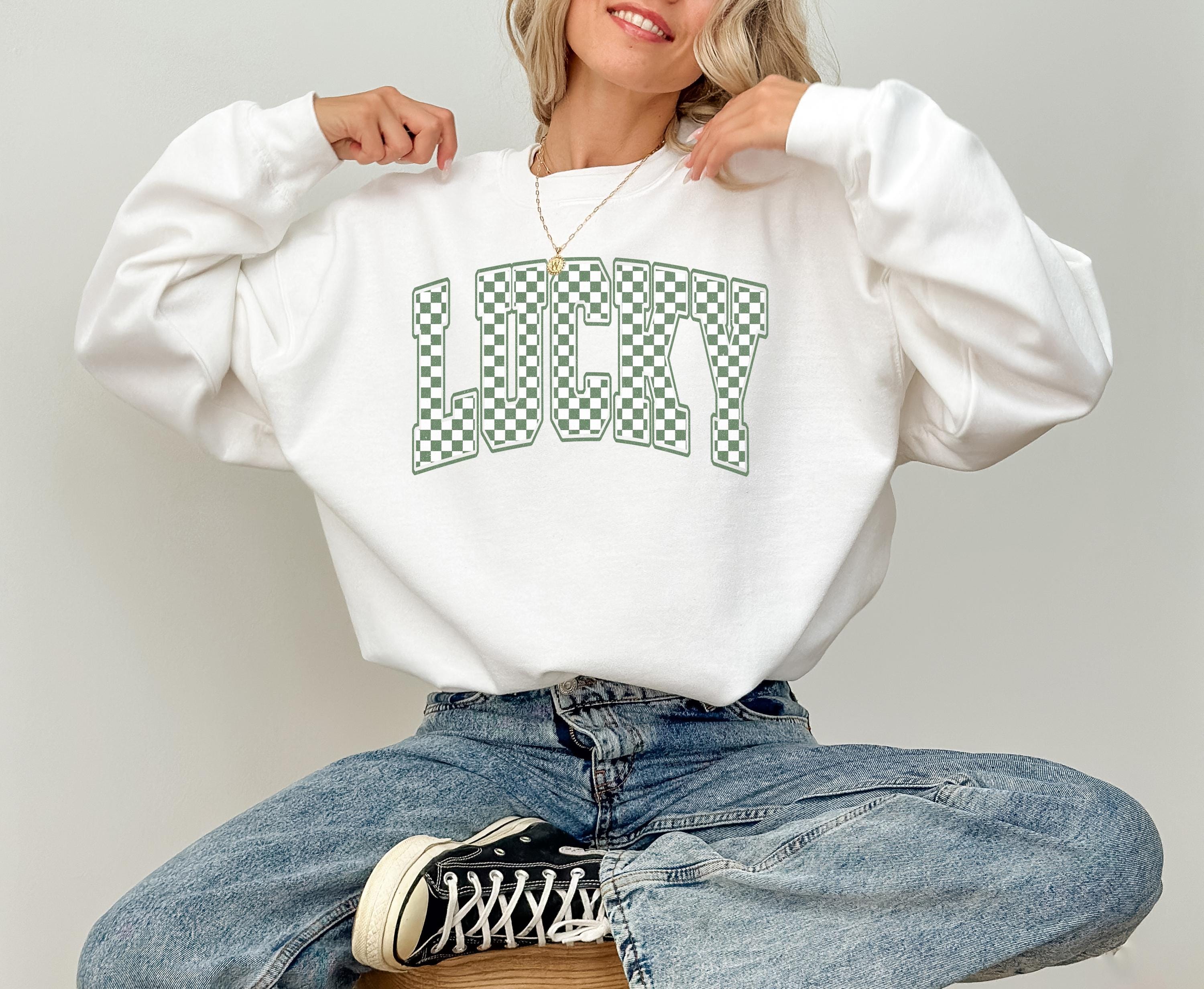 Checkered Lucky St Patty's Sweatshirt, St Paddy's Day, St Patricks Day Crewneck, Lucky Pullover, Unisex Sweatshirt, Shamrock Design