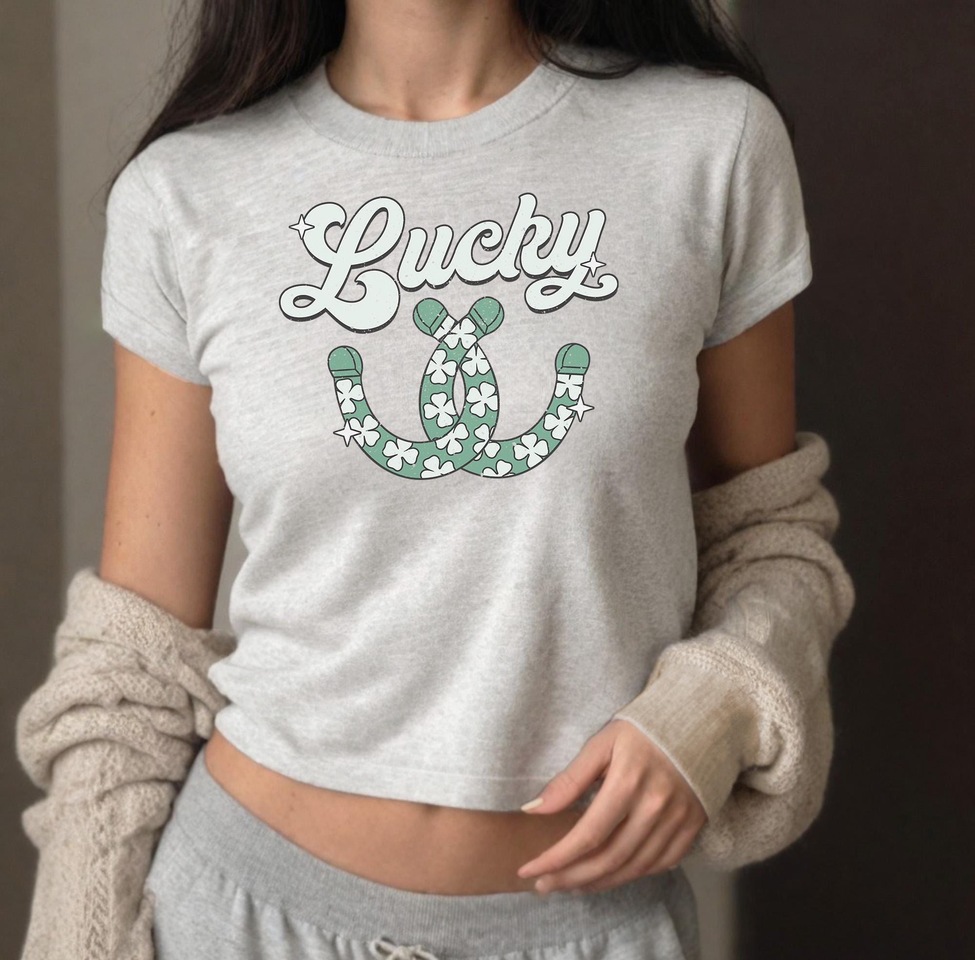 Lucky 4 Leaf Clover Horse Shoe Baby Tee, Four Leaf Clover Baby Tee, St Paddys Tee, St Pattys Day Tee, y2k baby tee, St Patricks Day Crop