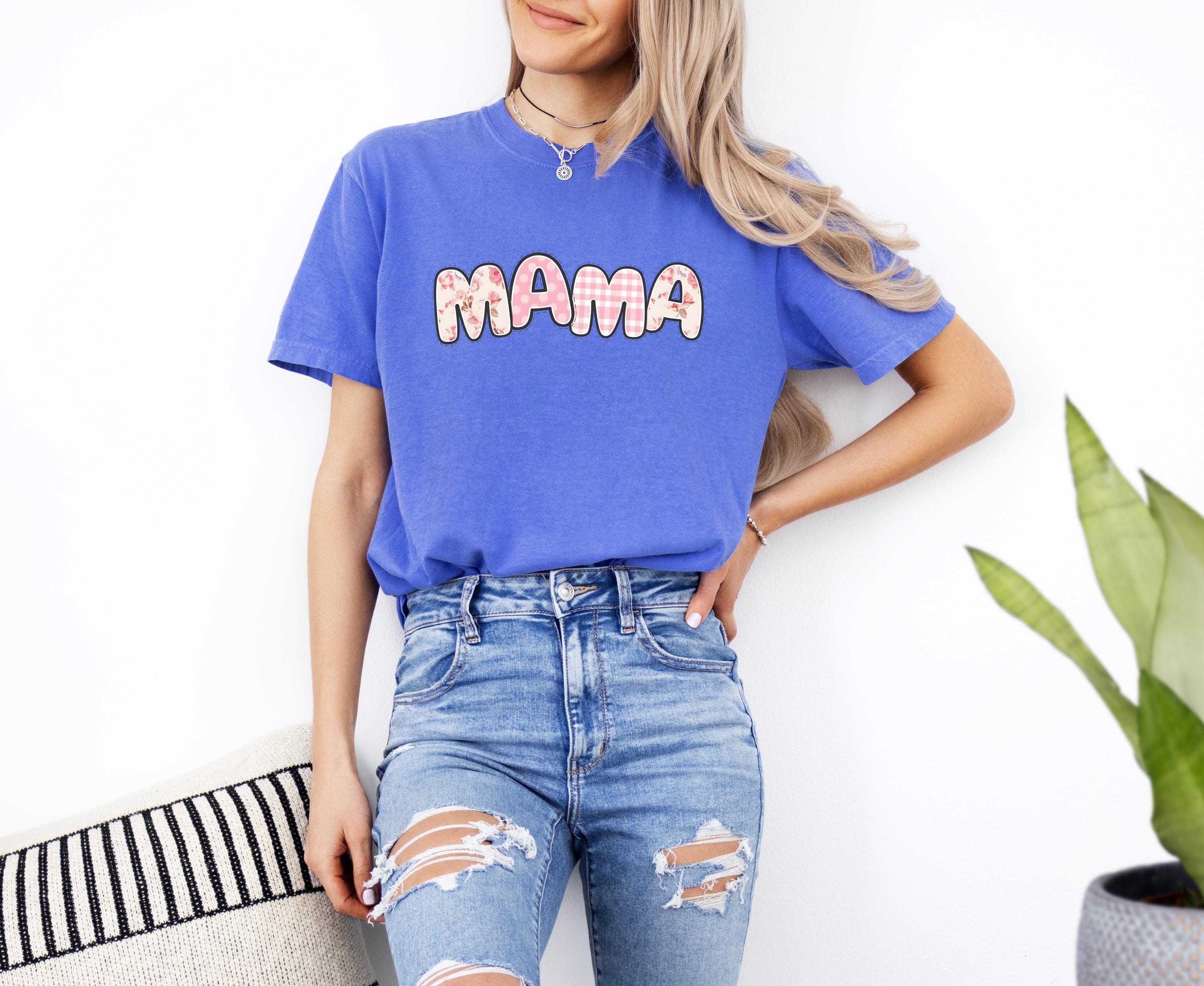 Retro Floral Plaid Mama Comfort Colors Tee, MAMA Varsity Flower T New Mom Tee Mother's Day TShirt Mothers Day Gift Vintage Graphic T Momma T