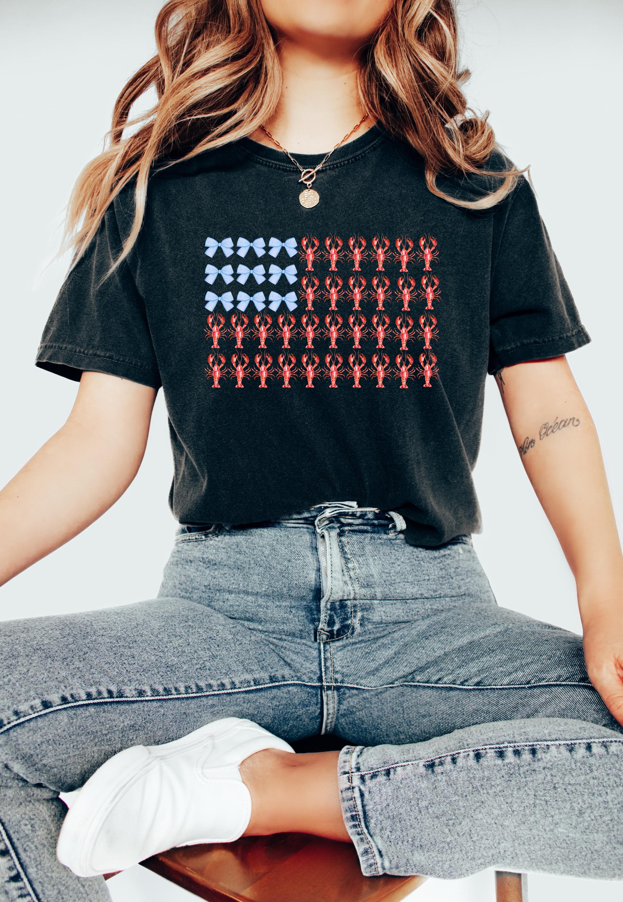 Lobster and bows Comfort Colors Tshirt, 4th of July tee, Retro fourth shirt, Unisex July 4th T, American Flag Shirt, Independence Day