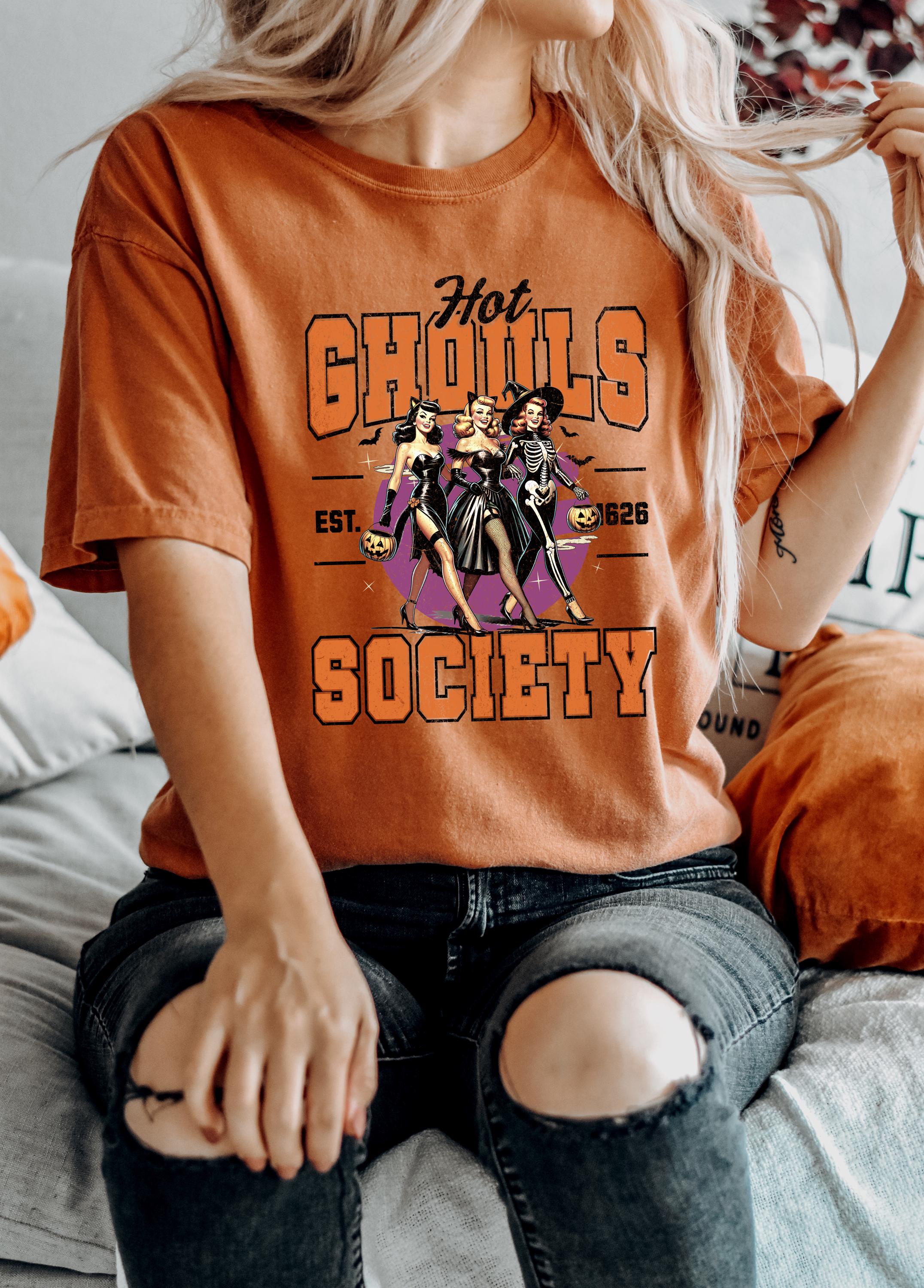 Hot Ghouls Society Halloween Comfort Colors Shirt, Creep it Real Shirt, Retro Witch T-Shirt, Fall Boxy Tee, Autumn T, For The Girls