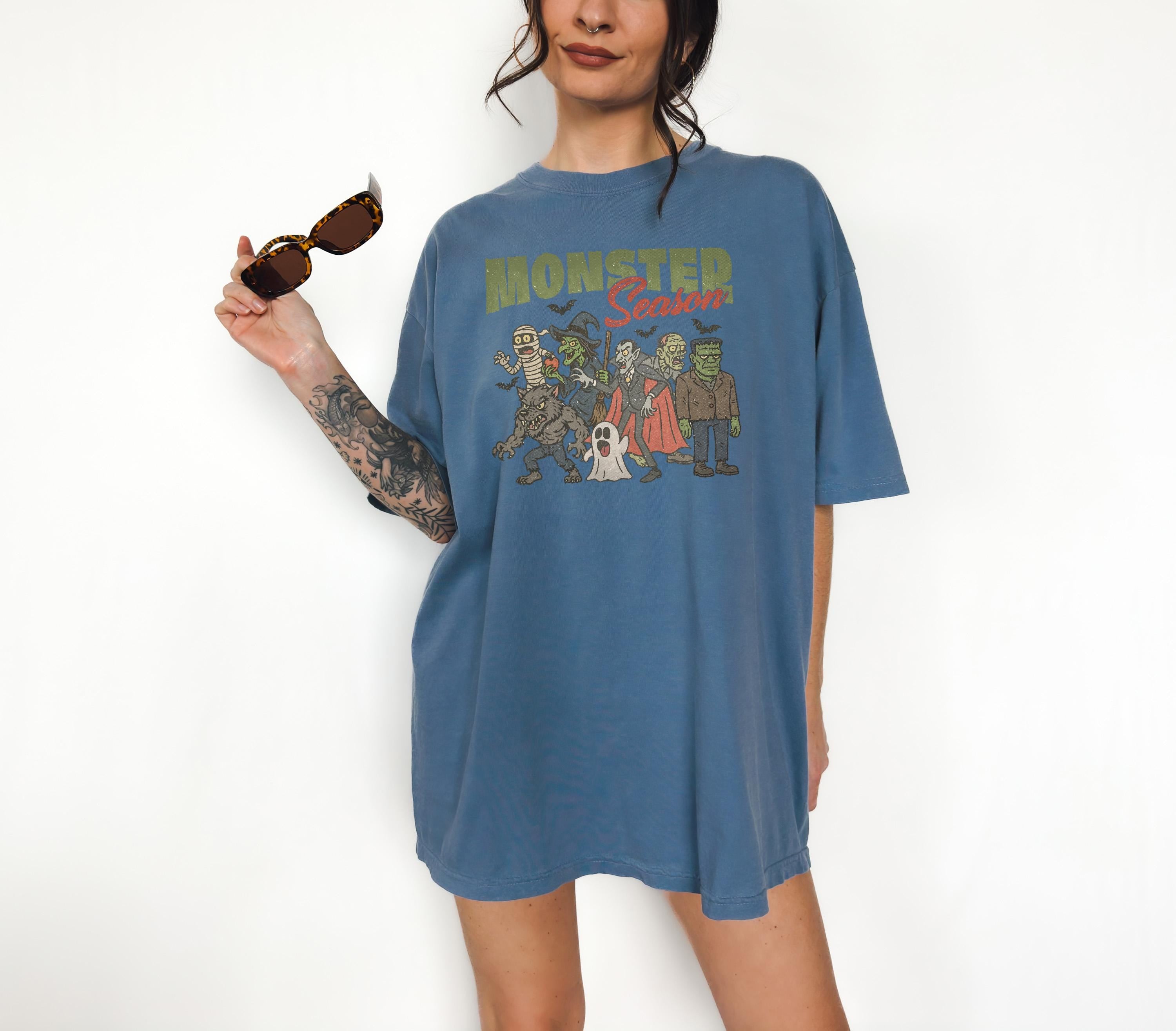 Monster Season Halloween Comfort Colors Shirt, Spooky Design, Retro Witch Mummy Ghost T-Shirt, Fall Boxy Tee, Autumn T, Halloween 2025 Shirt