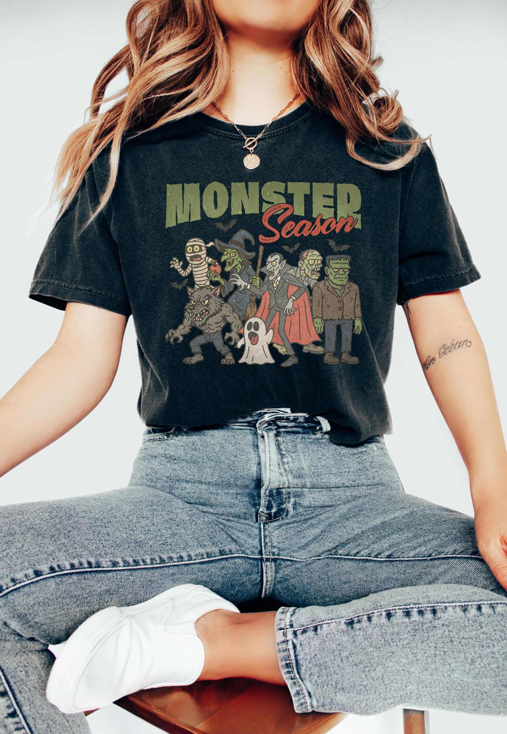 Monster Season Halloween Comfort Colors Shirt, Spooky Design, Retro Witch Mummy Ghost T-Shirt, Fall Boxy Tee, Autumn T, Halloween 2025 Shirt
