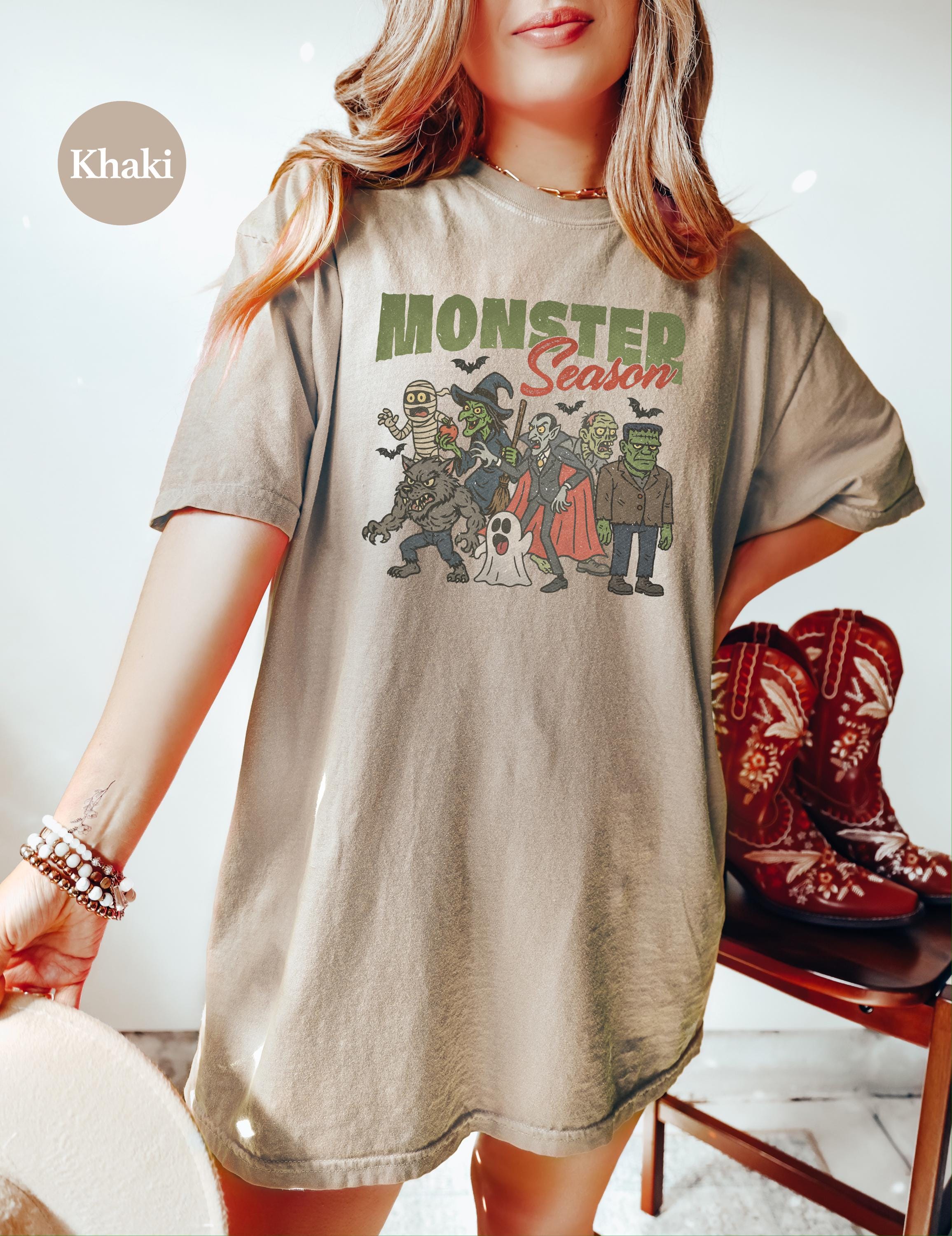 Monster Season Halloween Comfort Colors Shirt, Spooky Design, Retro Witch Mummy Ghost T-Shirt, Fall Boxy Tee, Autumn T, Halloween 2025 Shirt