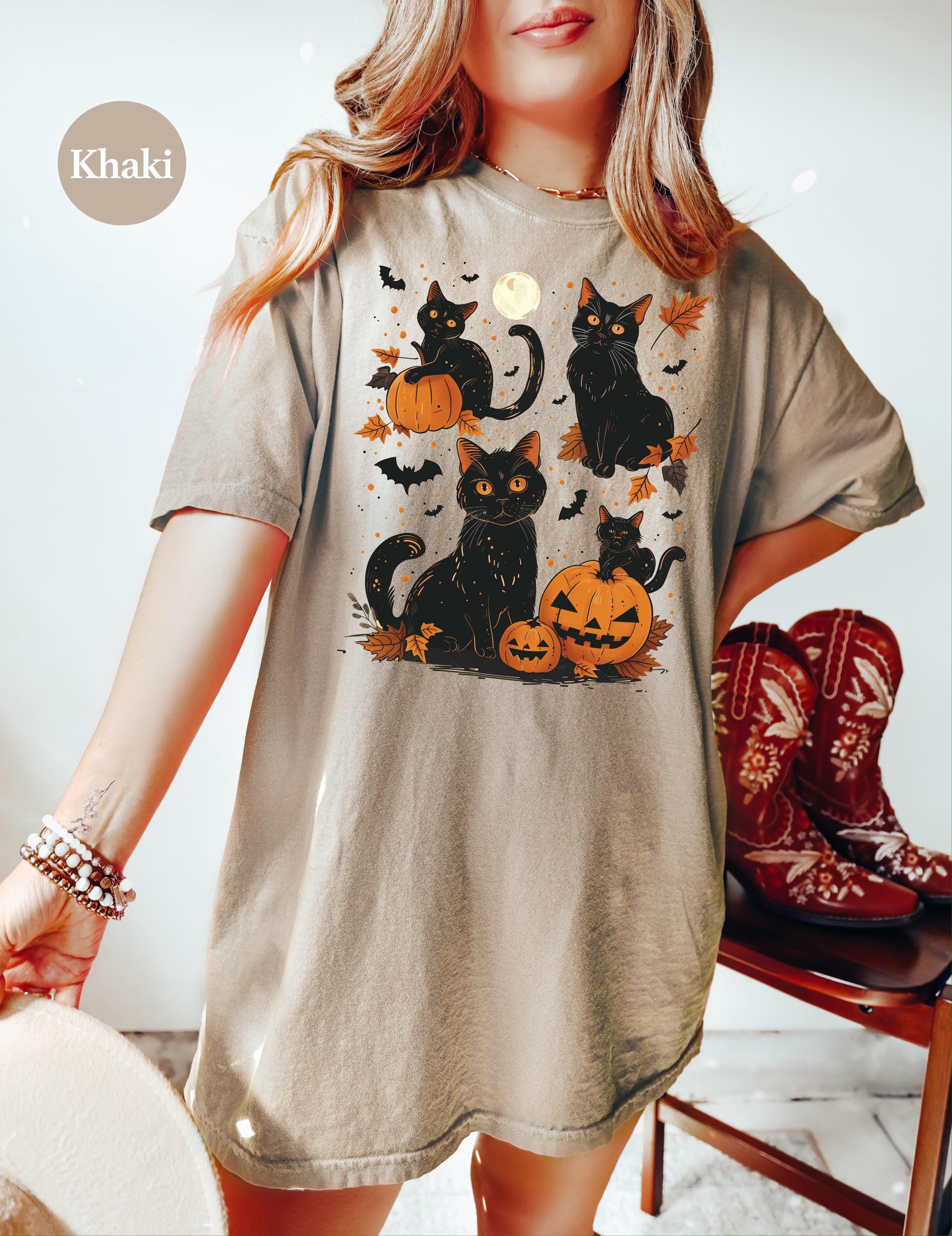 Black Cat Halloween Comfort Colors Shirt, 90's Design, Retro Pumpkin Fall T-Shirt, Boxy Tee, Unisex, Fall Cat Deign, Autumn T,