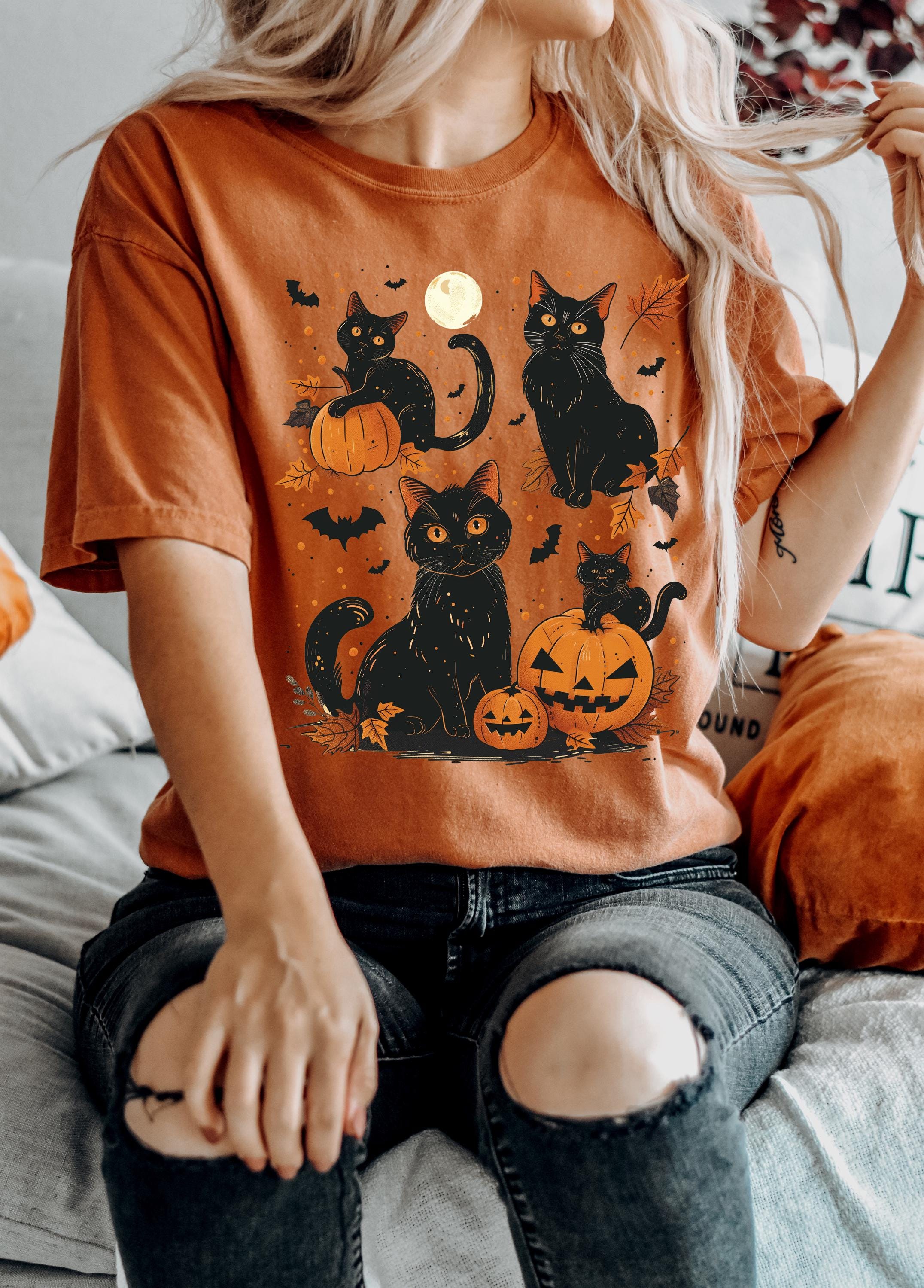 Black Cat Halloween Comfort Colors Shirt, 90's Design, Retro Pumpkin Fall T-Shirt, Boxy Tee, Unisex, Fall Cat Deign, Autumn T,