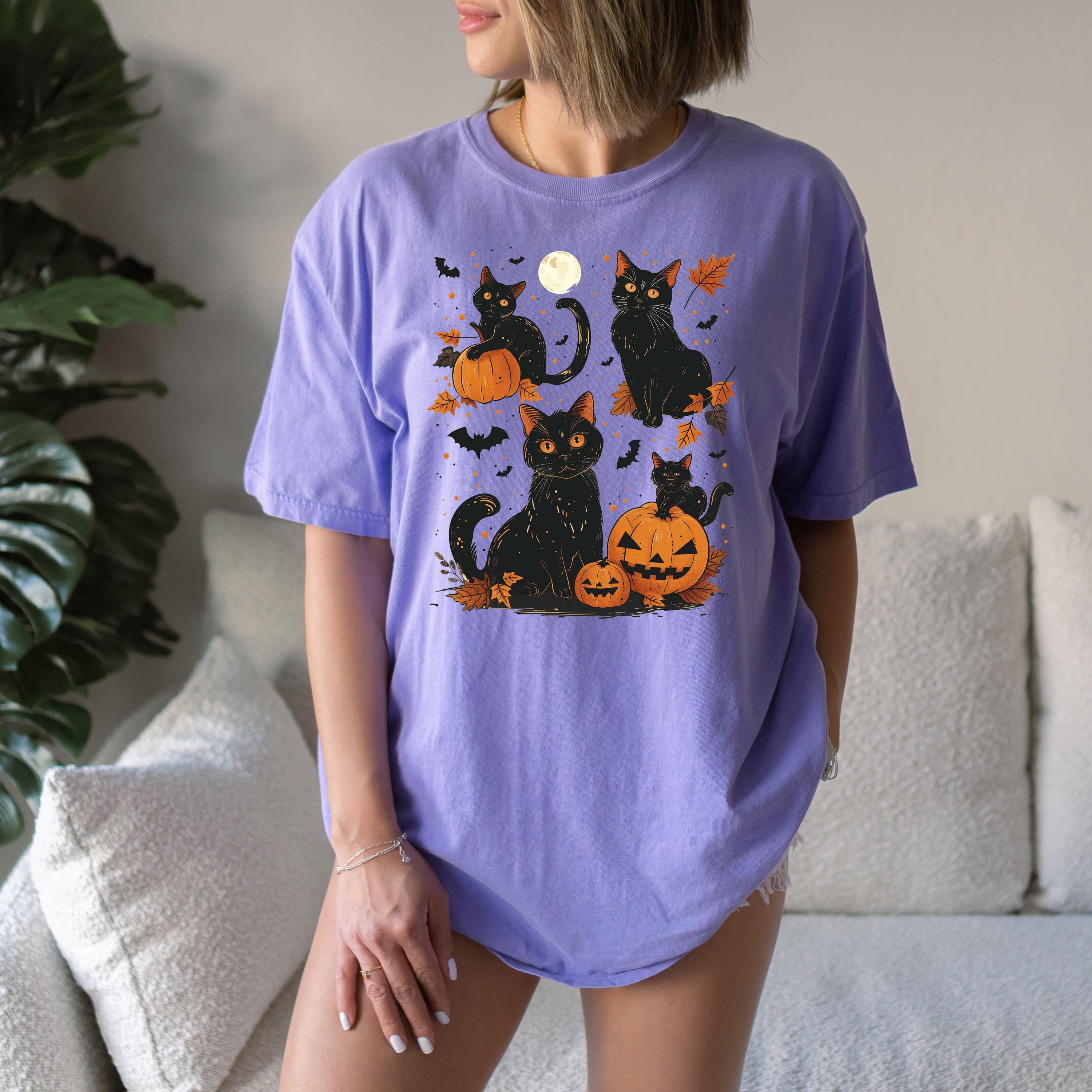 Black Cat Halloween Comfort Colors Shirt, 90's Design, Retro Pumpkin Fall T-Shirt, Boxy Tee, Unisex, Fall Cat Deign, Autumn T,