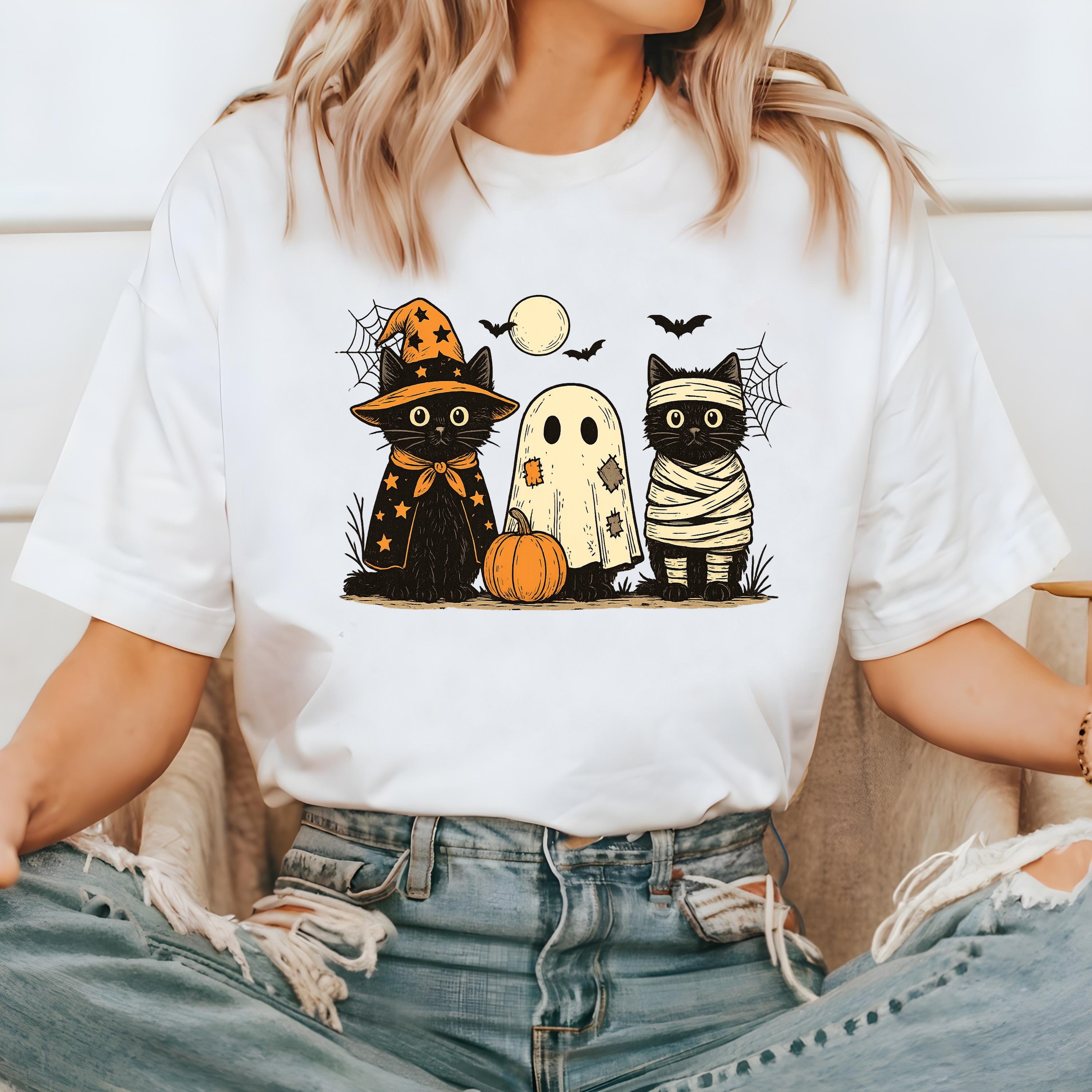 Black Cat Halloween Comfort Colors Shirt, 90's Design, Retro Pumpkin Fall T-Shirt, Boxy Tee, Unisex, Fall Mummy Cat Deign, Autumn T,