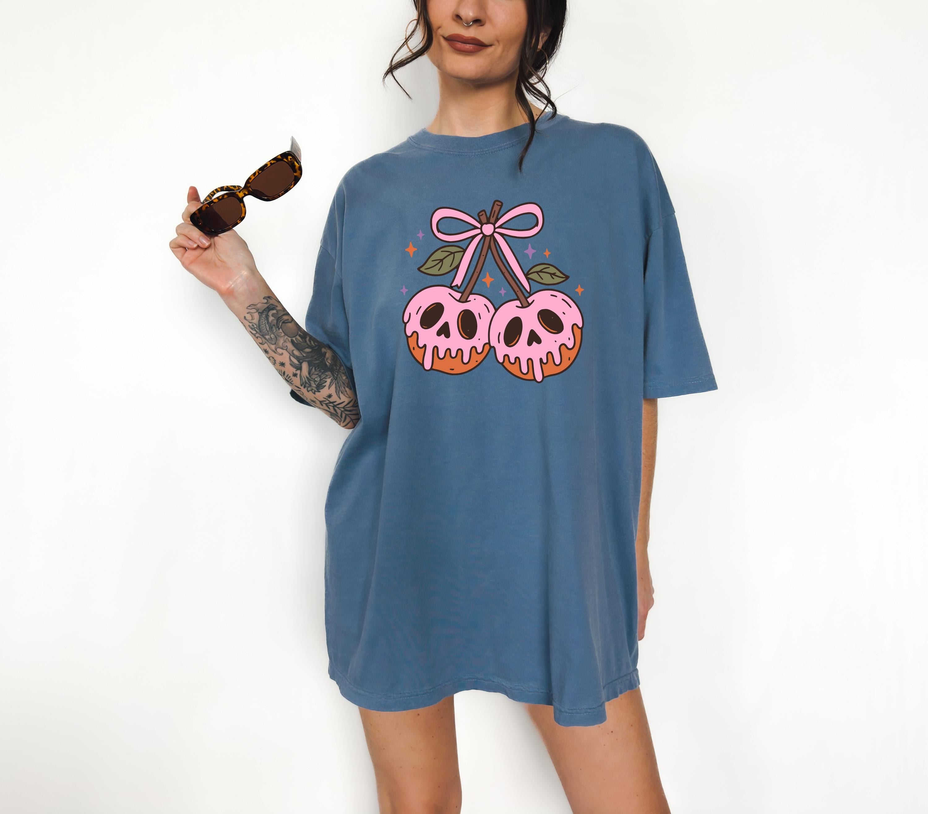 Pink Cherries Halloween Comfort Colors Shirt, Skull Design, Retro Pumpkin Fall T-Shirt, Boxy Tee, Unisex, Fall Cat Deign, Autumn T,