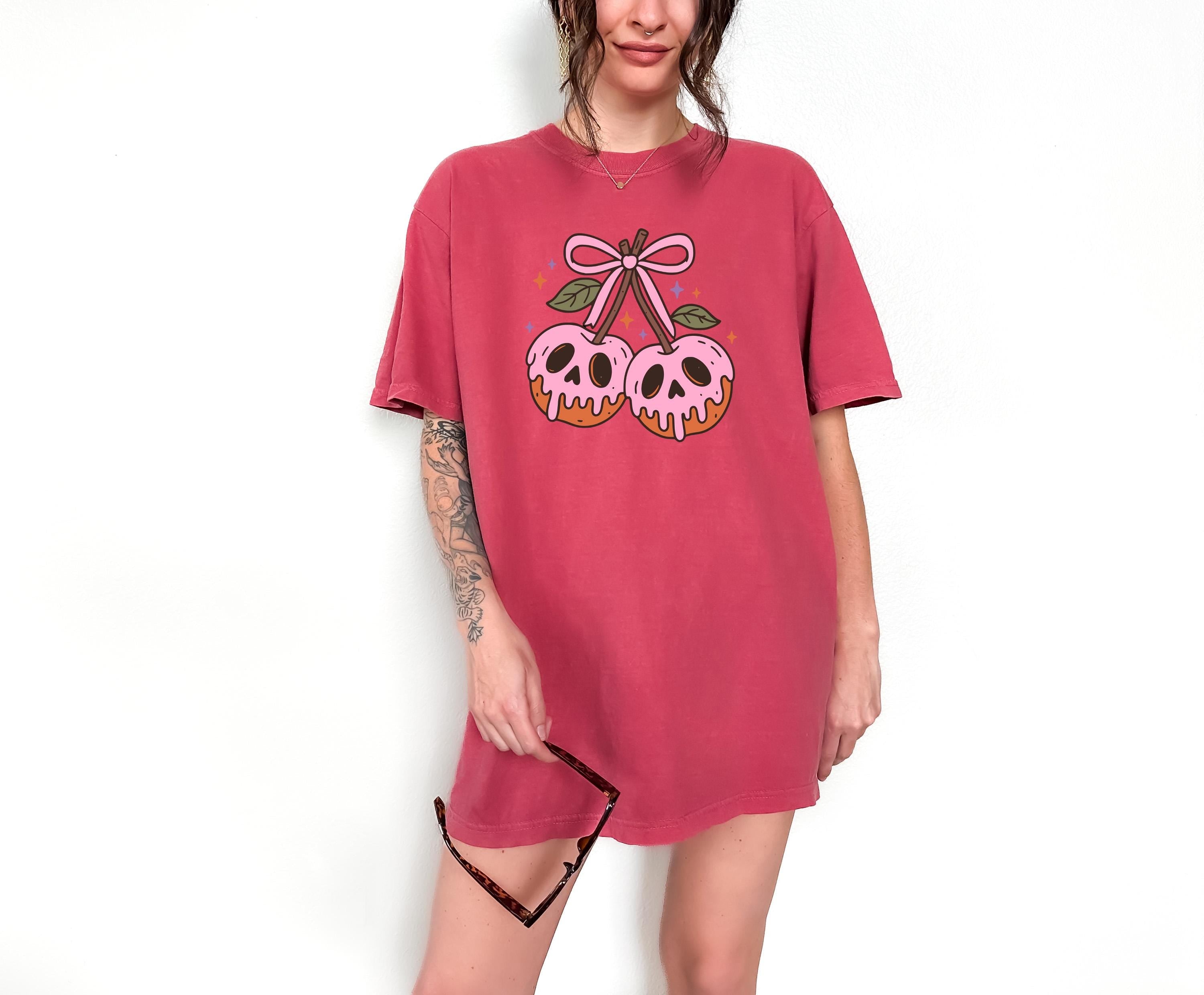 Pink Cherries Halloween Comfort Colors Shirt, Skull Design, Retro Pumpkin Fall T-Shirt, Boxy Tee, Unisex, Fall Cat Deign, Autumn T,