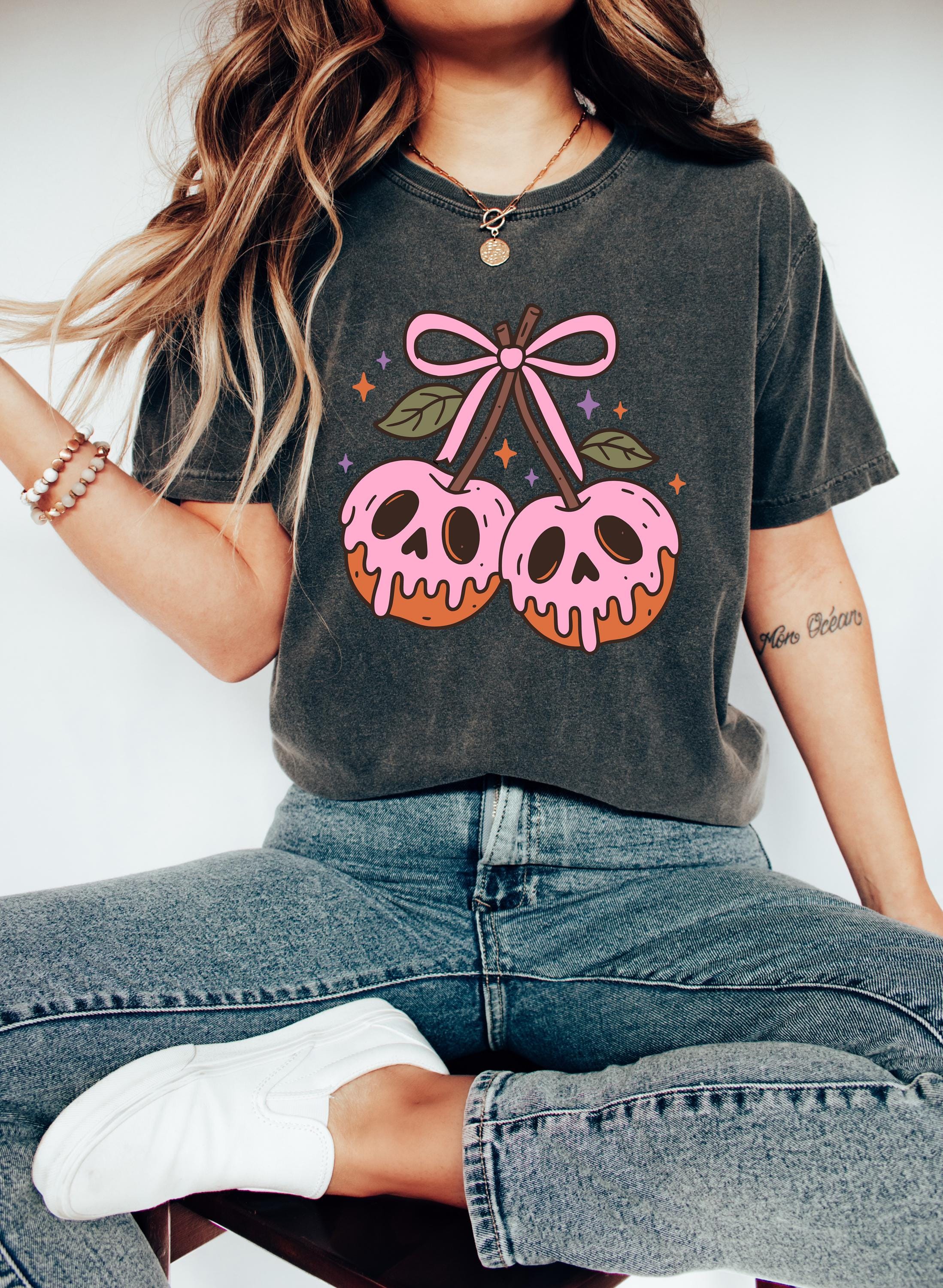 Pink Cherries Halloween Comfort Colors Shirt, Skull Design, Retro Pumpkin Fall T-Shirt, Boxy Tee, Unisex, Fall Cat Deign, Autumn T,