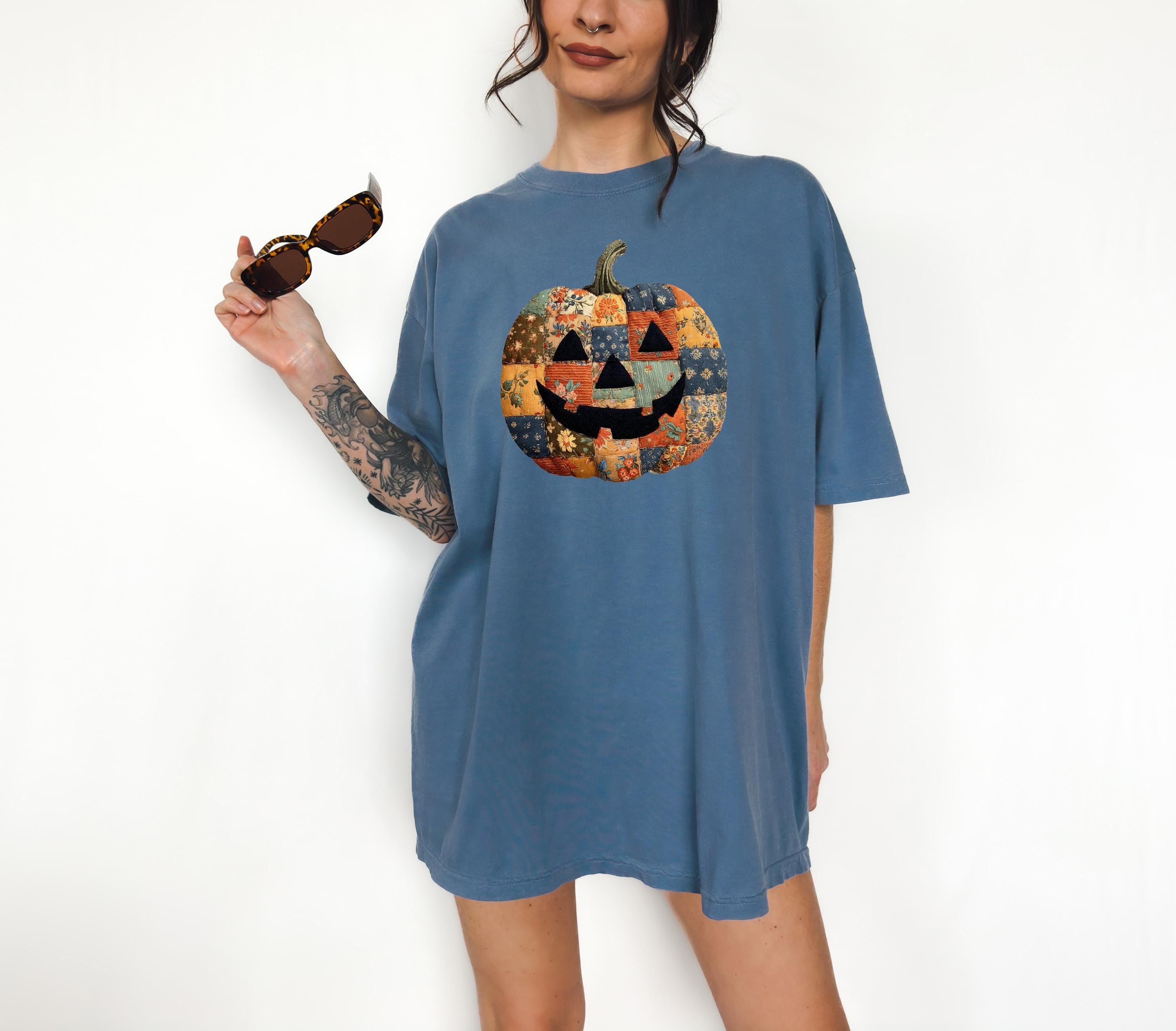 Printed DTG Faux Patchwork Jack O Lantern Halloween Comfort Colors Shirt, Fall Design, Retro Pumpkin Fall TShirt, Boxy Tee, Unisex, Autumn T