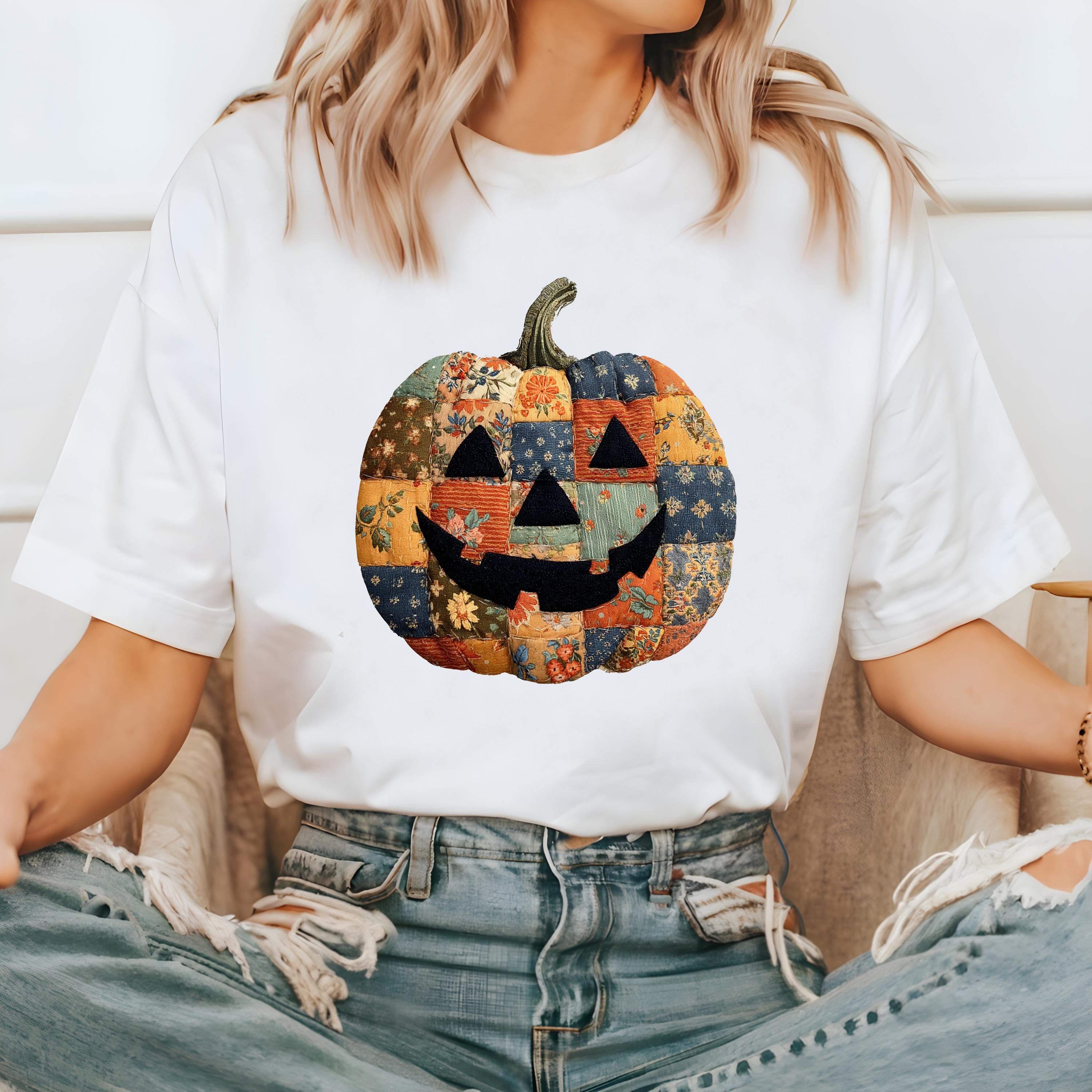 Printed DTG Faux Patchwork Jack O Lantern Halloween Comfort Colors Shirt, Fall Design, Retro Pumpkin Fall TShirt, Boxy Tee, Unisex, Autumn T