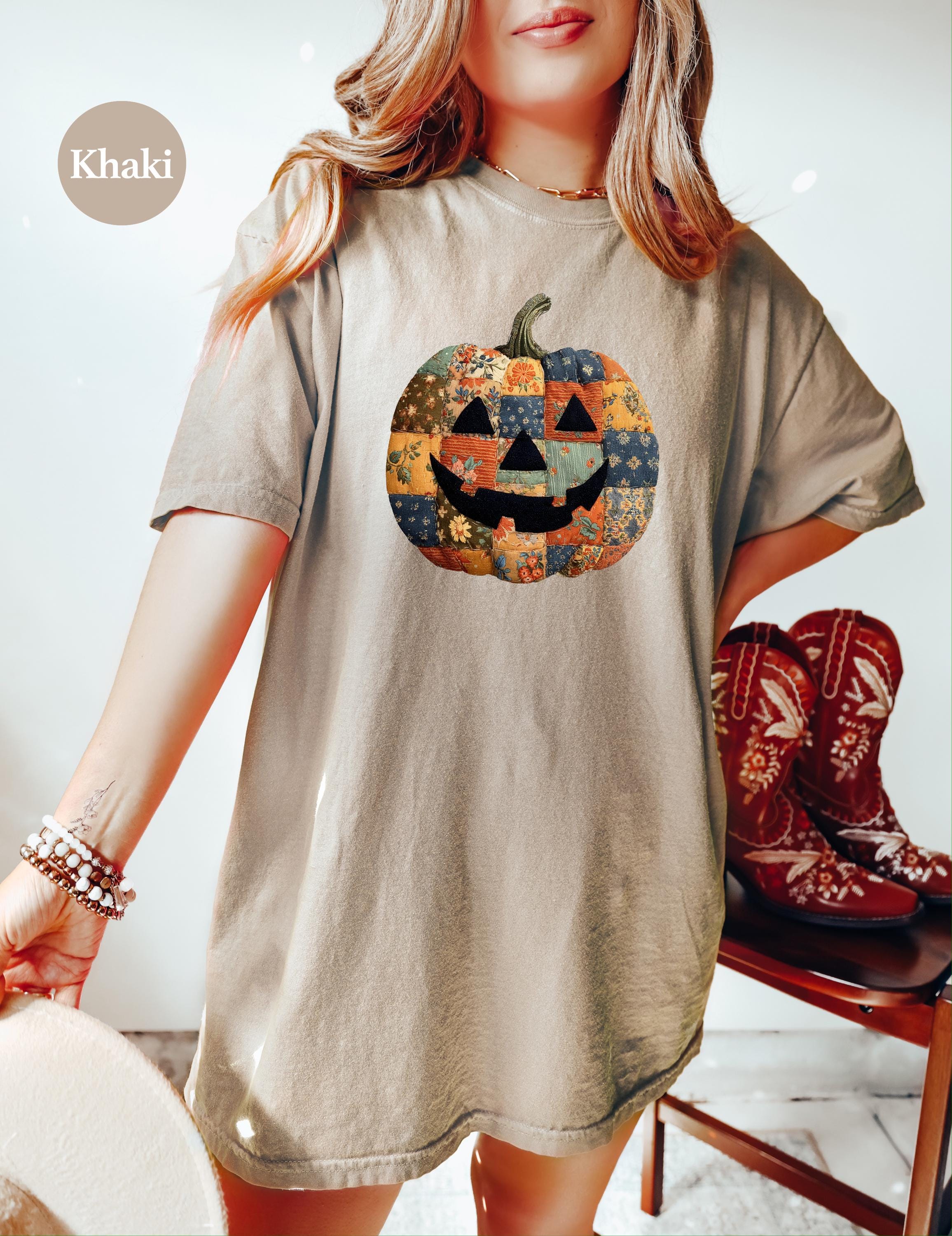 Printed DTG Faux Patchwork Jack O Lantern Halloween Comfort Colors Shirt, Fall Design, Retro Pumpkin Fall TShirt, Boxy Tee, Unisex, Autumn T