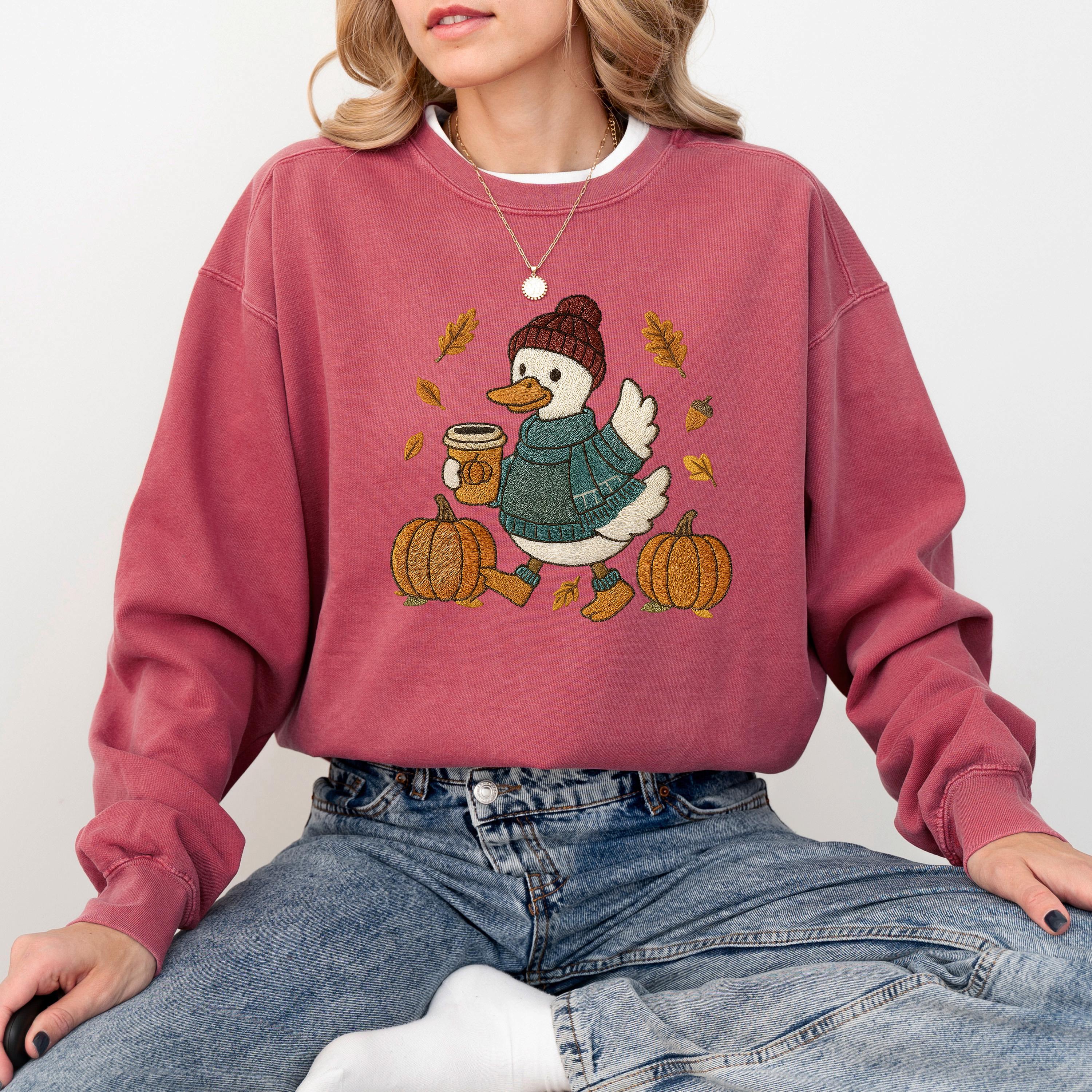 Fall Leaves Comfort Colors Sweatshirt, Faux Stitch Duck Design, DTG Printed Design, Fall Pumpkin, Autumn Sweater, Pumpkin Spice New Crewneck