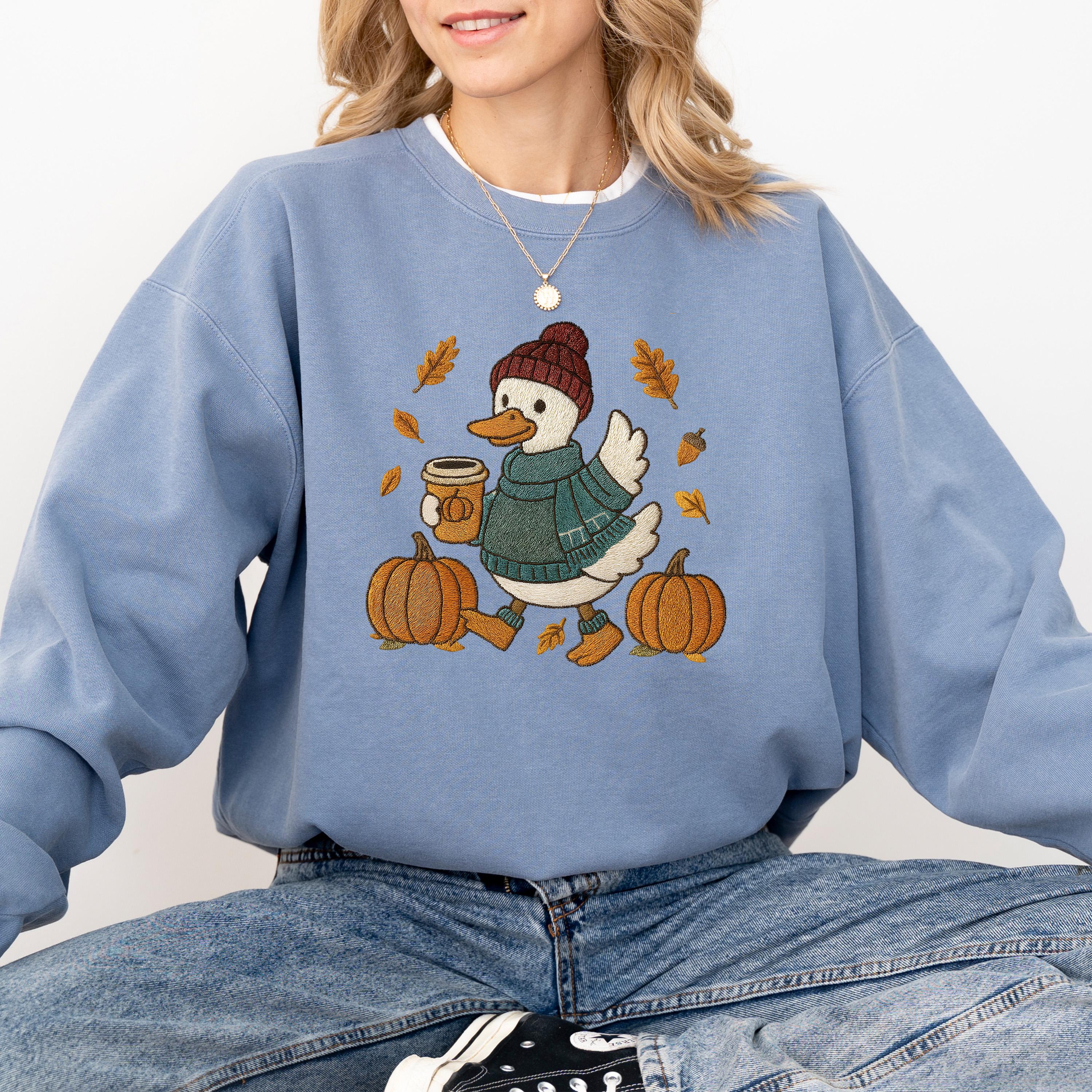Fall Leaves Comfort Colors Sweatshirt, Faux Stitch Duck Design, DTG Printed Design, Fall Pumpkin, Autumn Sweater, Pumpkin Spice New Crewneck