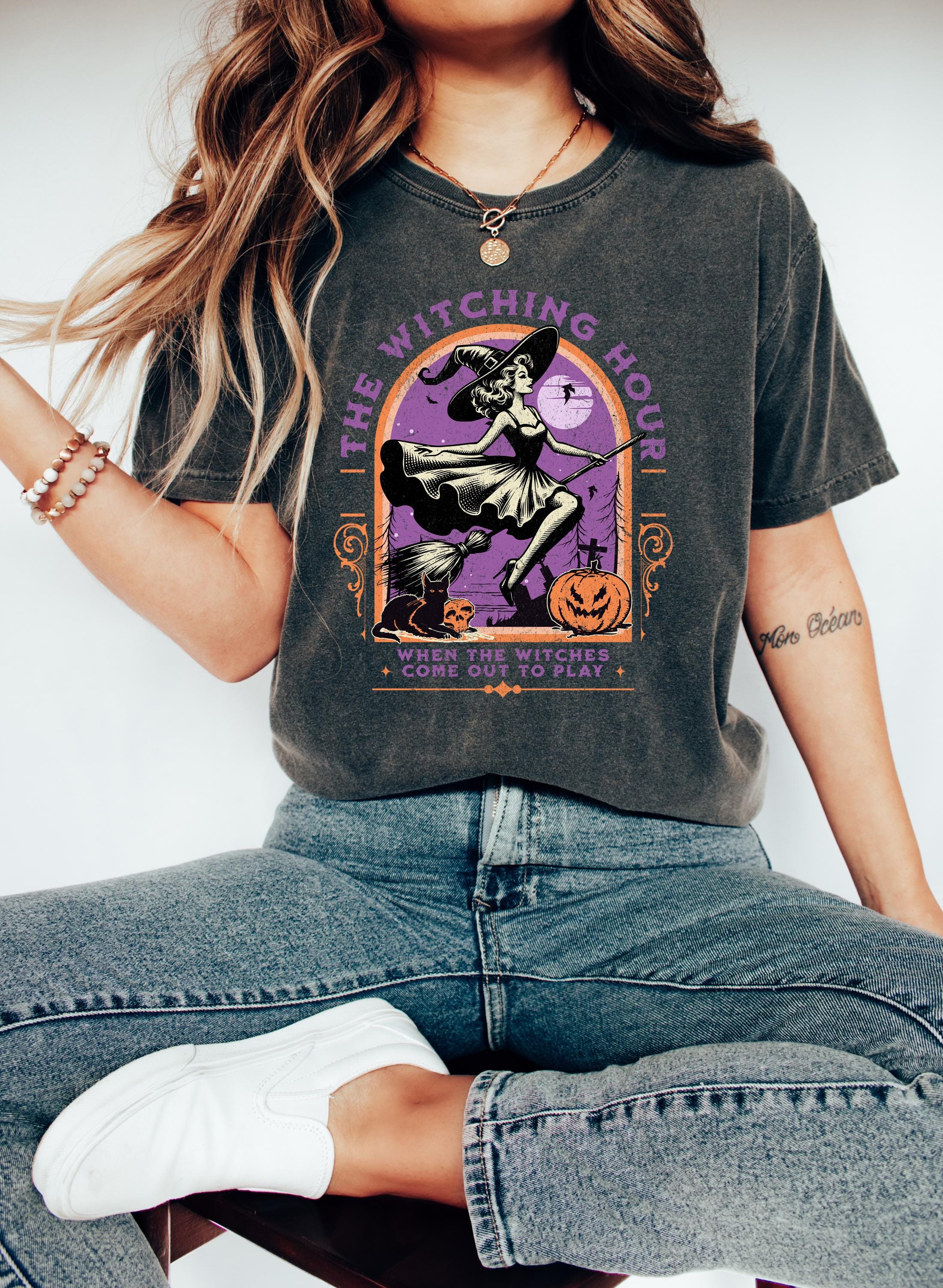The Witching Hour Halloween Comfort Colors Shirt, Creep it Real Shirt, Spooky Witch Shirt, Retro Fall T-Shirt, Boxy Tee, Unisex Autumn T