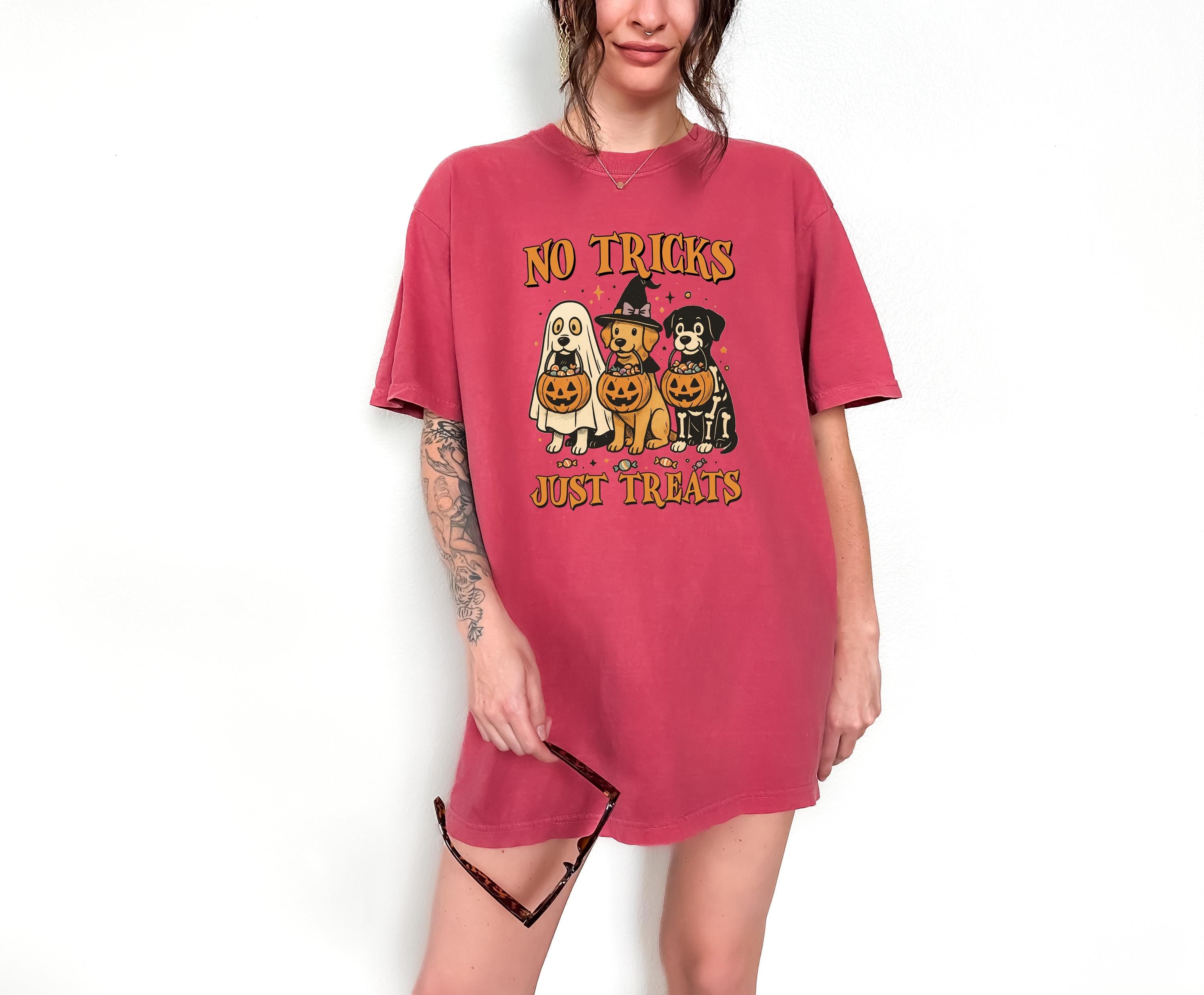 No Tricks Just Treats Halloween Comfort Colors Shirt, Funny Dog Design, Retro Witch T-Shirt, Fall Boxy Tee, Autumn T, Halloween 2025 Shirt