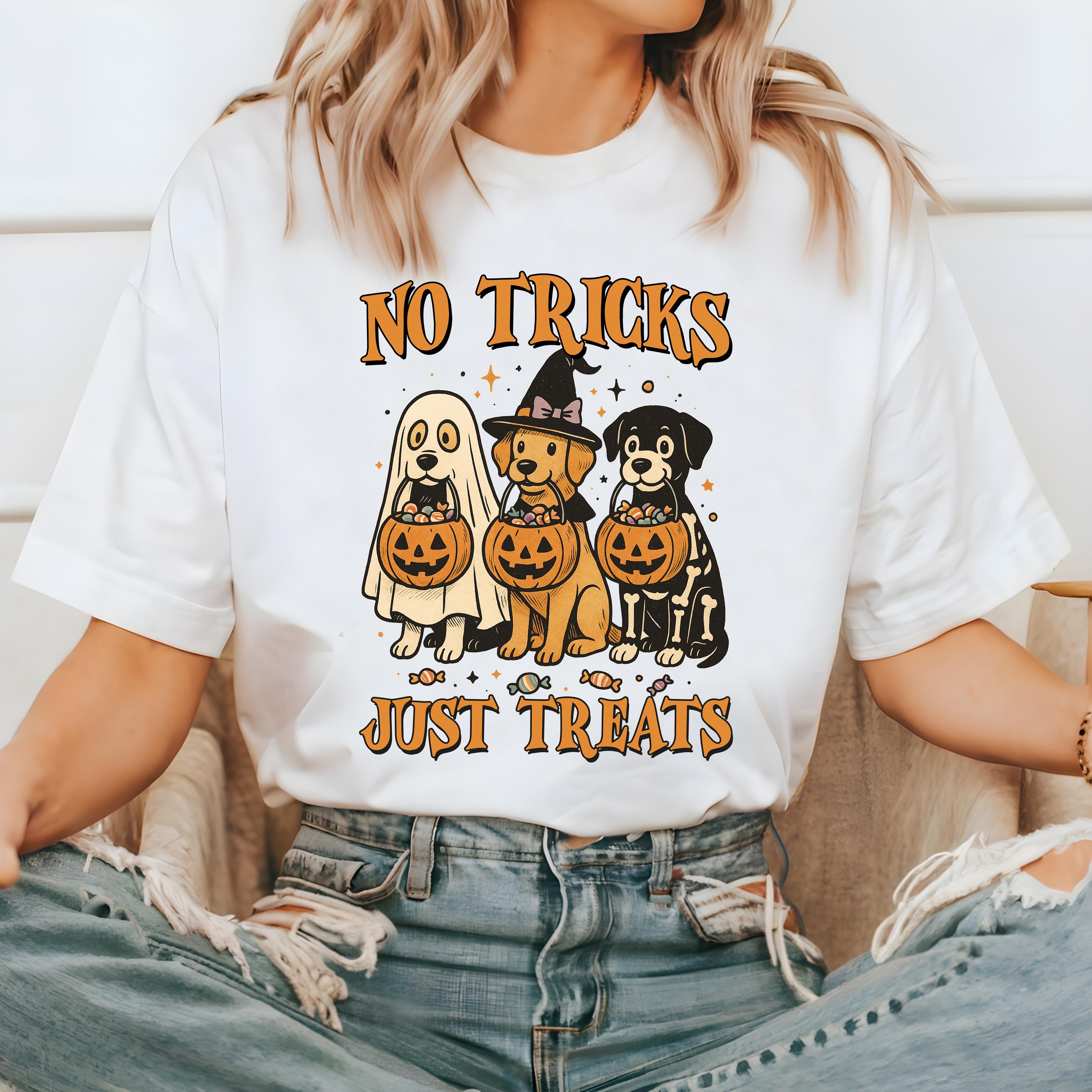 No Tricks Just Treats Halloween Comfort Colors Shirt, Funny Dog Design, Retro Witch T-Shirt, Fall Boxy Tee, Autumn T, Halloween 2025 Shirt