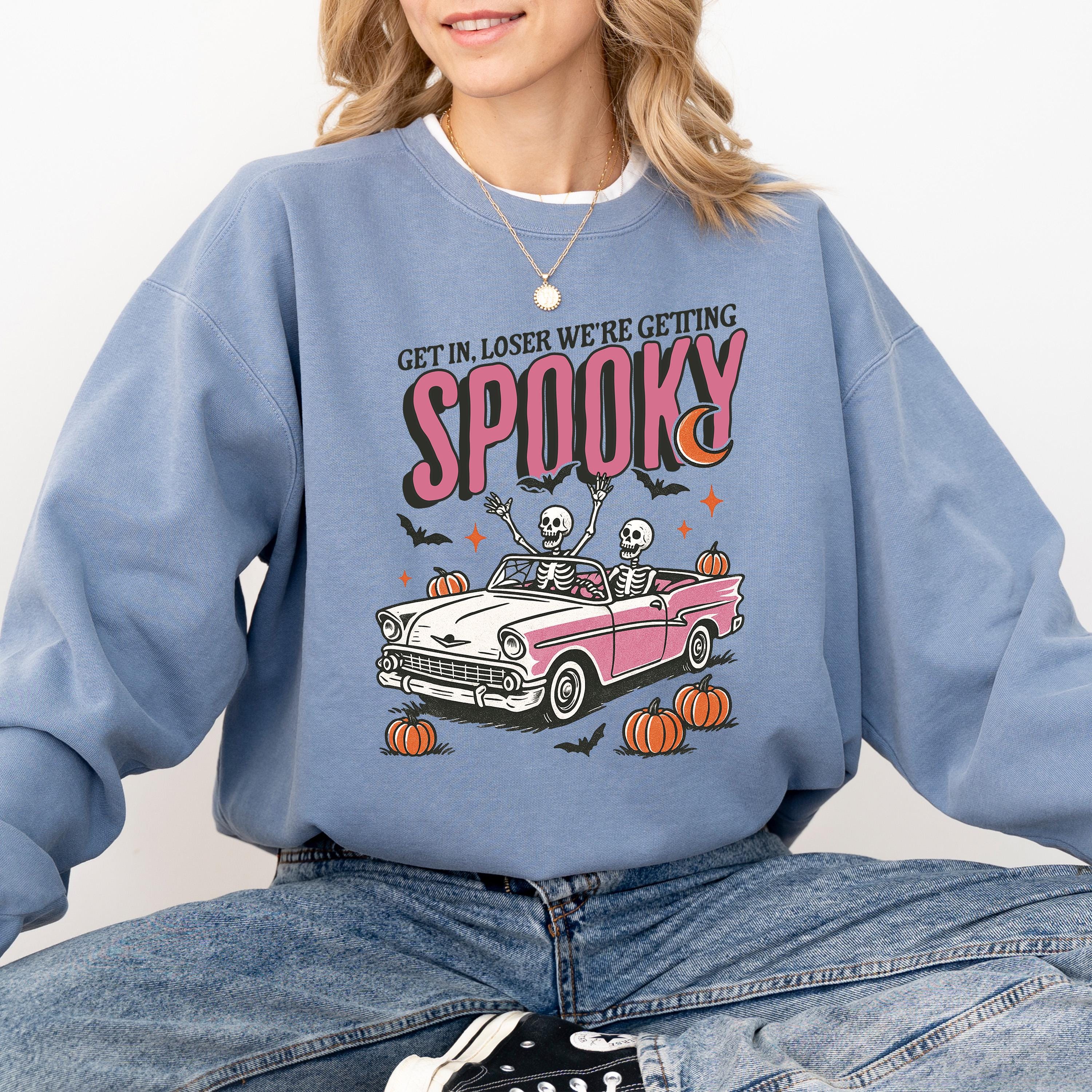 Get In Loser We're Getting Spooky Comfort Colors Sweatshirt, Skeleton DTG Printed Design, Fall Pumpkin, Autumn Sweater, Halloween Crewneck