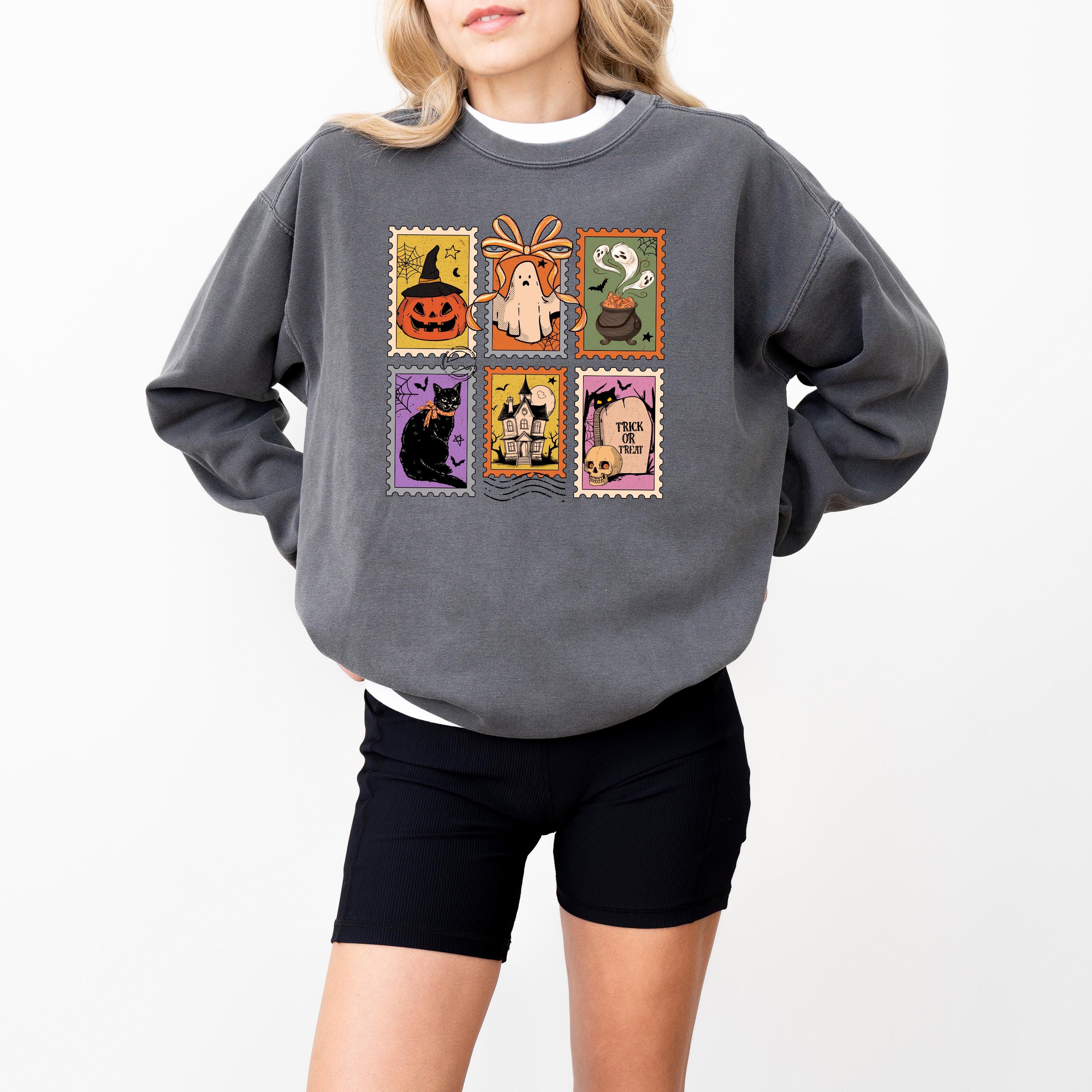 Halloween Stamp Design Comfort Colors Sweatshirt, Witches Brew DTG Design, Fall Jack O Lantern Pumpkin, Autumn Sweater, Black Cat Crewneck