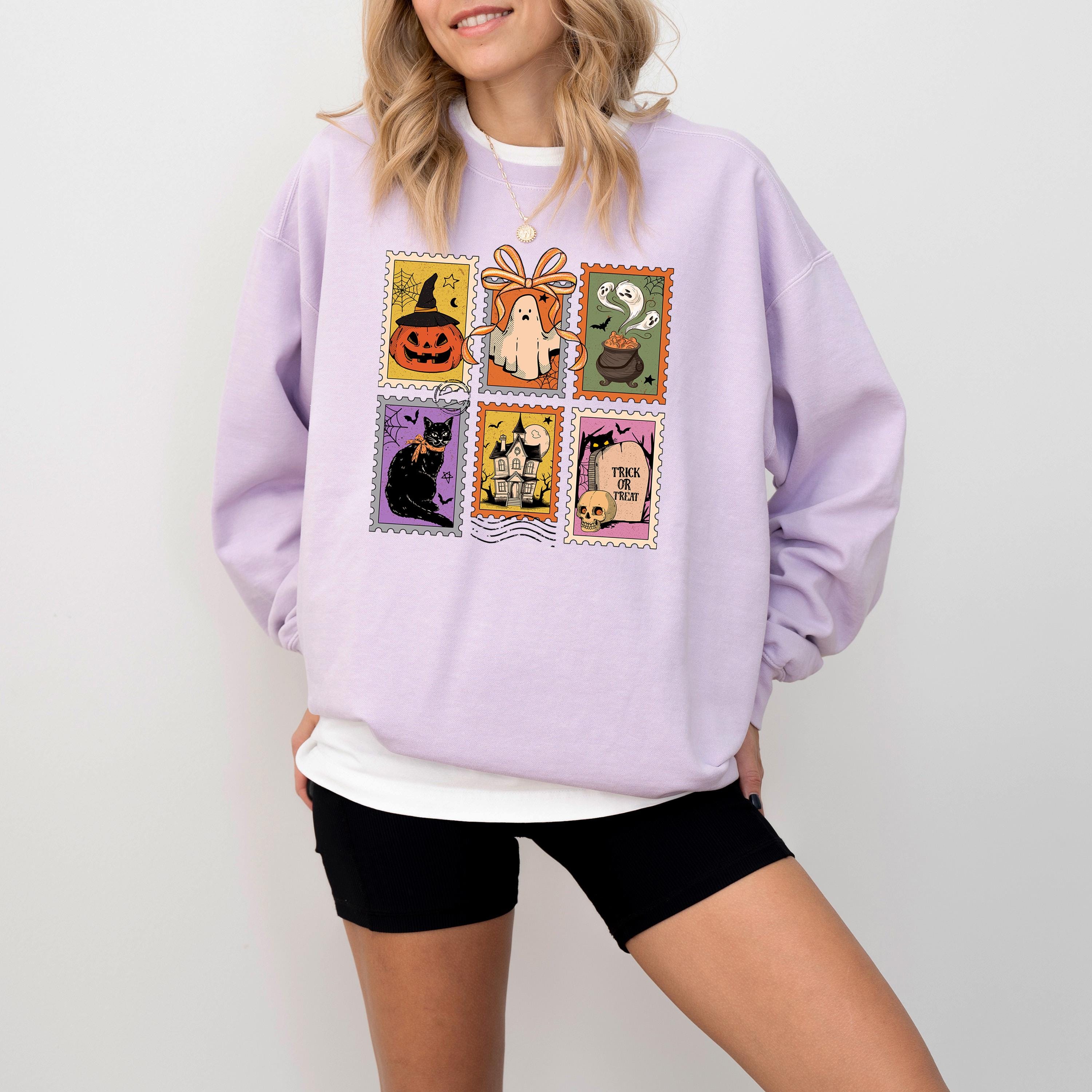 Halloween Stamp Design Comfort Colors Sweatshirt, Witches Brew DTG Design, Fall Jack O Lantern Pumpkin, Autumn Sweater, Black Cat Crewneck