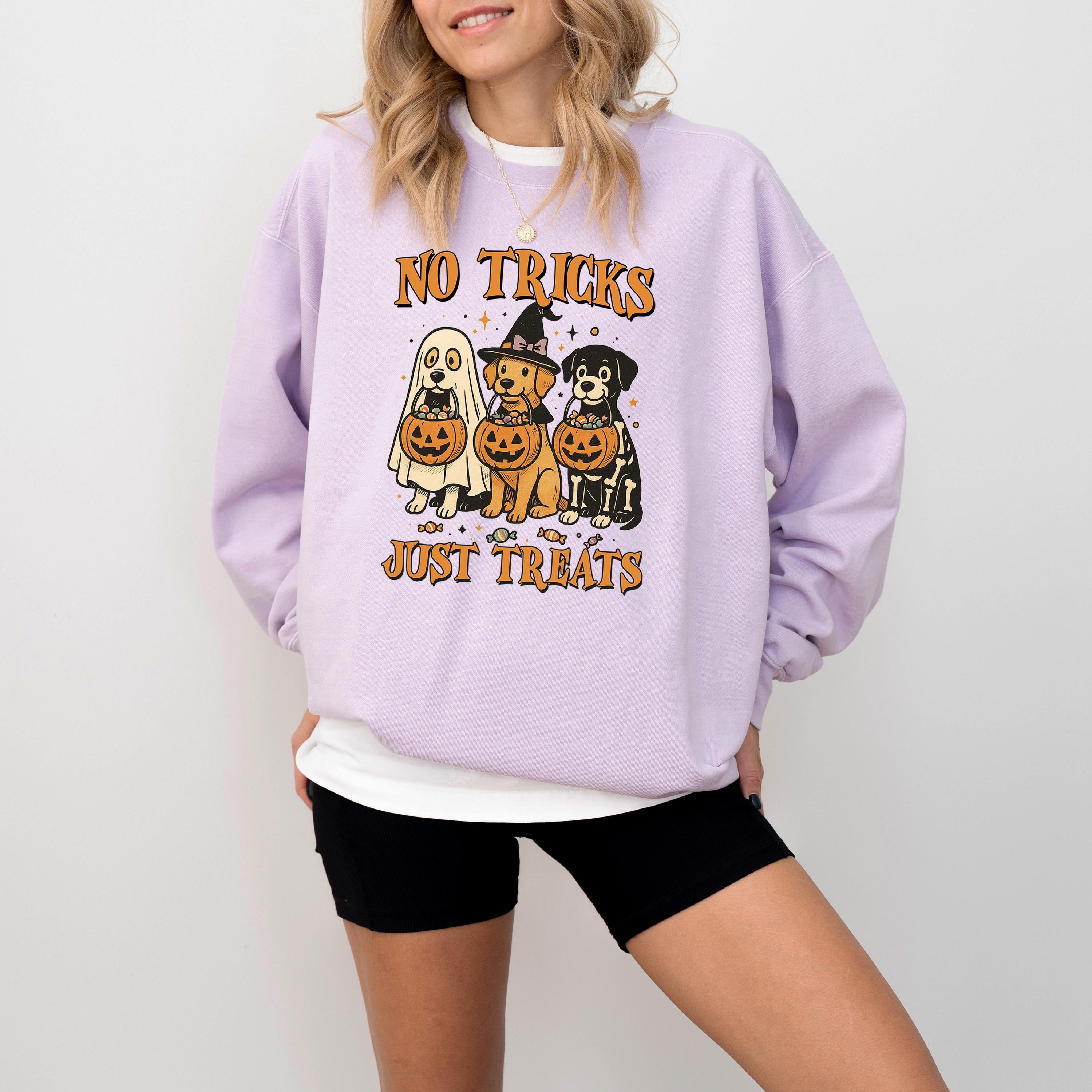 No Tricks Just Treats Comfort Colors Sweatshirt, Cute Dog Design, Fall Pumpkin, Autumn Sweater, Ghost and Witch Crewneck, Dog Mom
