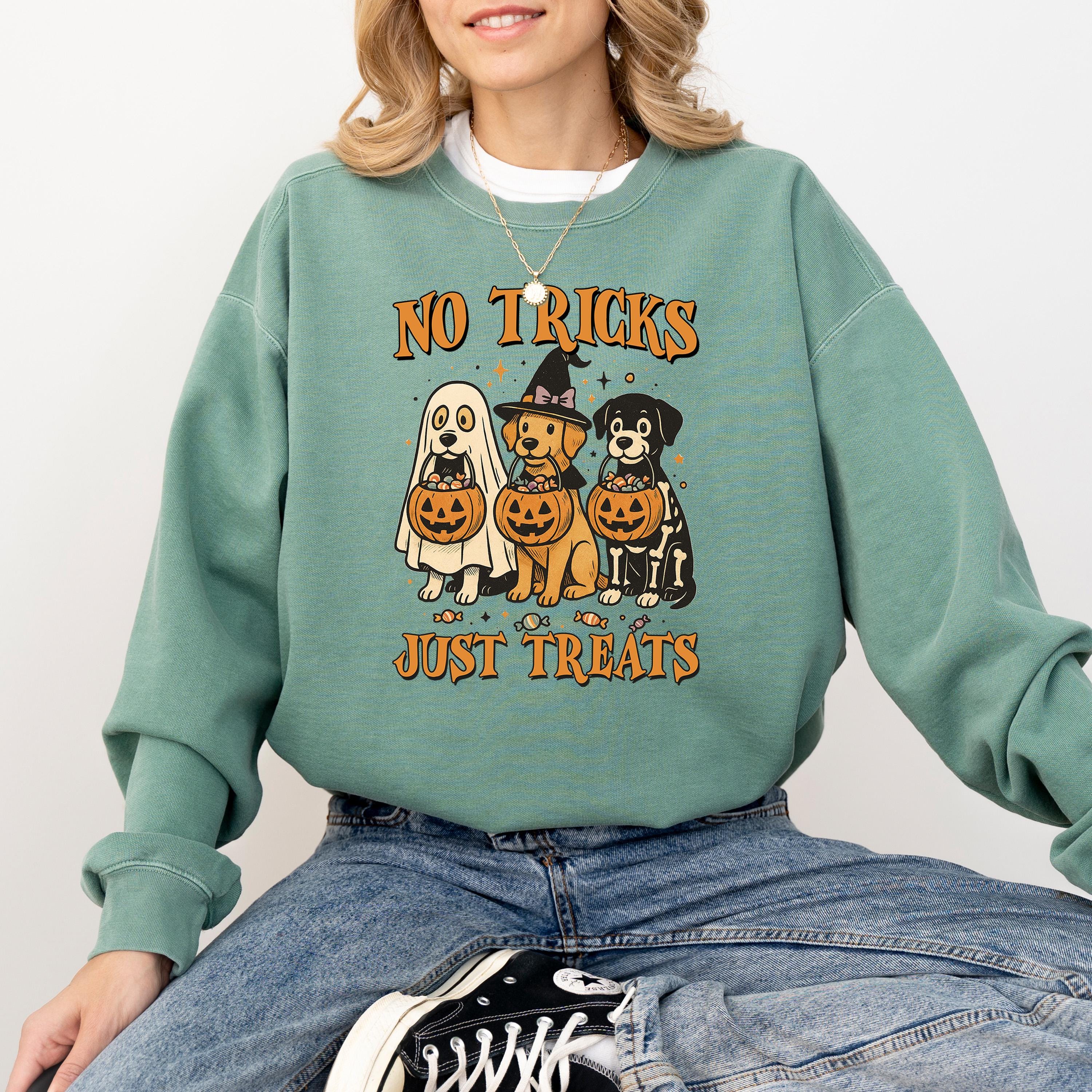 No Tricks Just Treats Comfort Colors Sweatshirt, Cute Dog Design, Fall Pumpkin, Autumn Sweater, Ghost and Witch Crewneck, Dog Mom