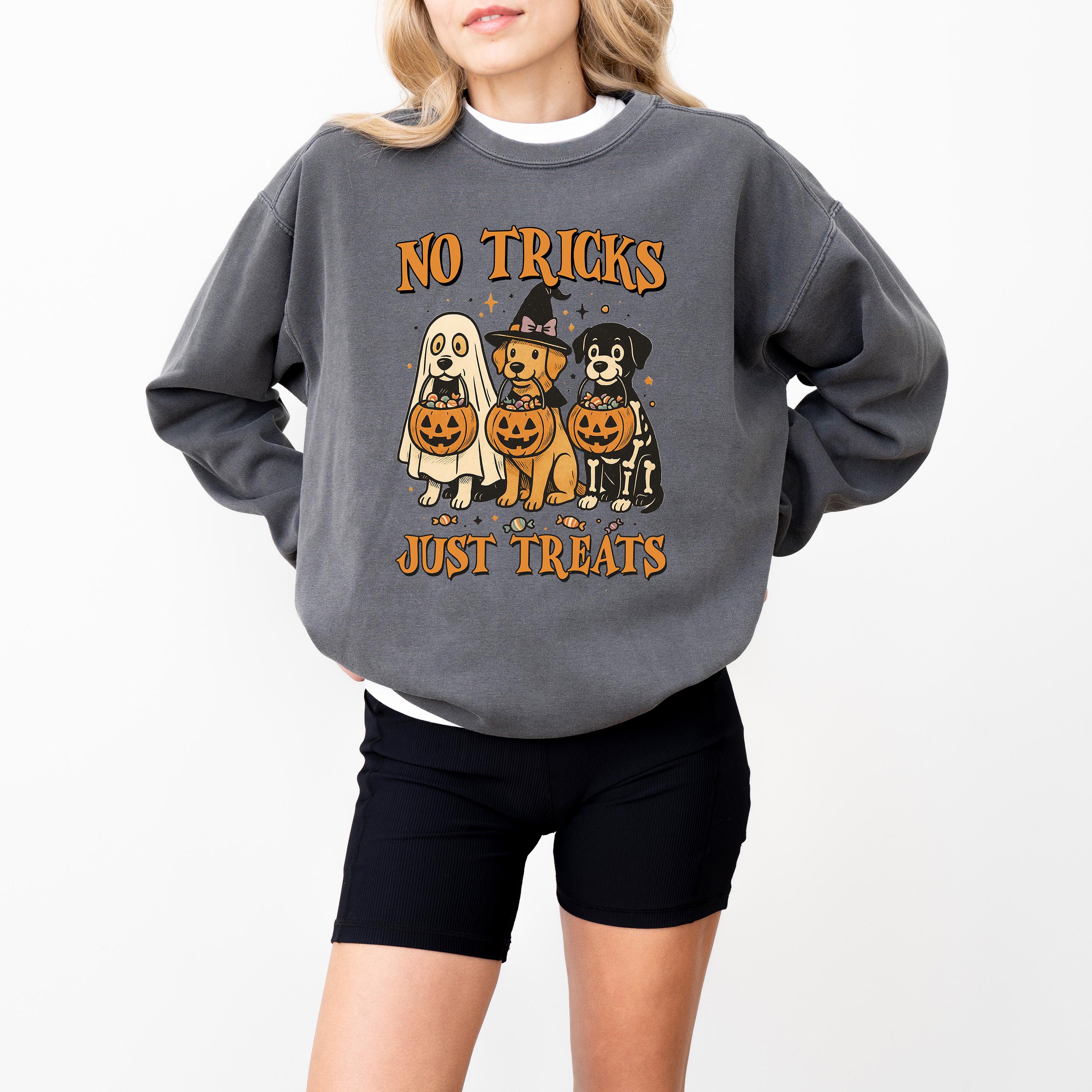 No Tricks Just Treats Comfort Colors Sweatshirt, Cute Dog Design, Fall Pumpkin, Autumn Sweater, Ghost and Witch Crewneck, Dog Mom